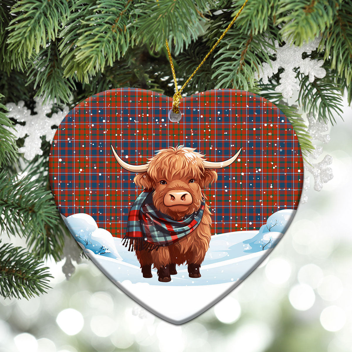 Cameron of Lochiel Ancient Tartan Christmas Ceramic Ornament - Highland Cows Snow Style
