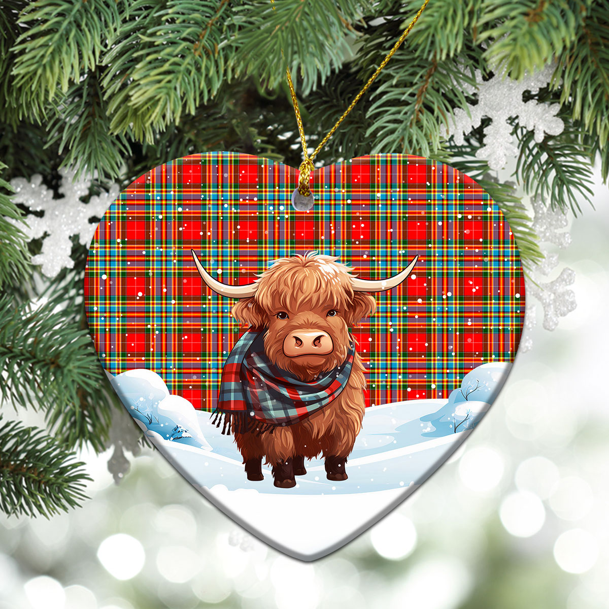 Chattan Tartan Christmas Ceramic Ornament - Highland Cows Snow Style