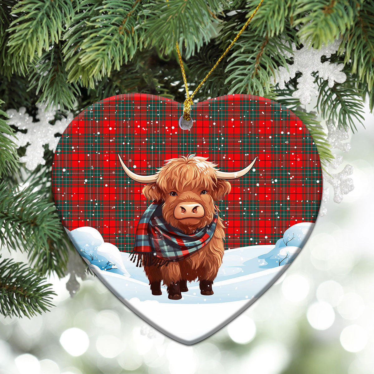 Cheyne Tartan Christmas Ceramic Ornament - Highland Cows Snow Style