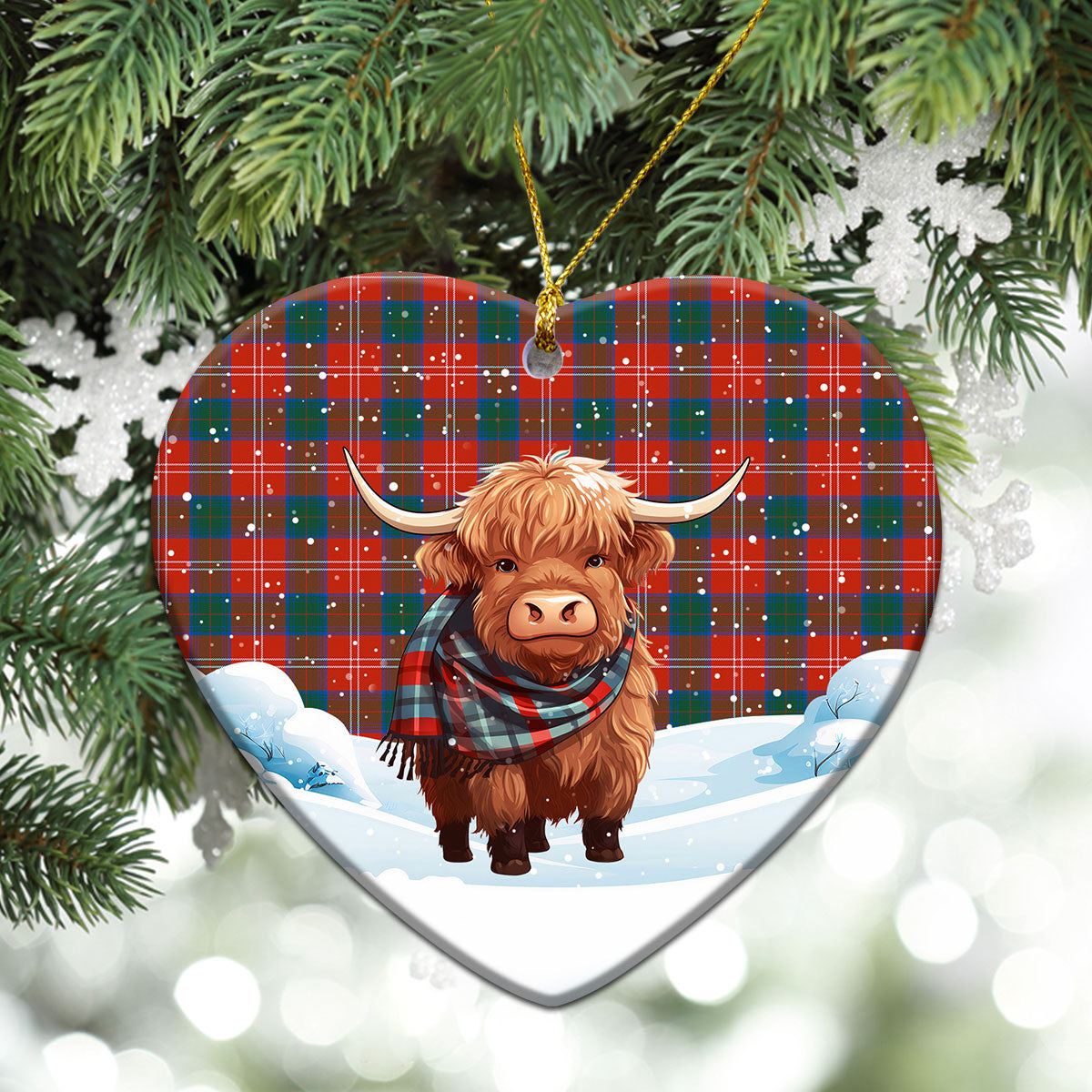 Chisholm Ancient Tartan Christmas Ceramic Ornament - Highland Cows Snow Style