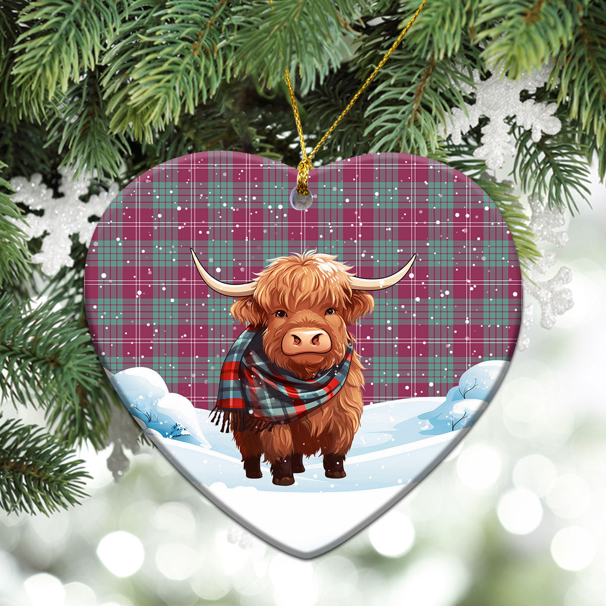 Crawford Ancient Tartan Christmas Ceramic Ornament - Highland Cows Snow Style
