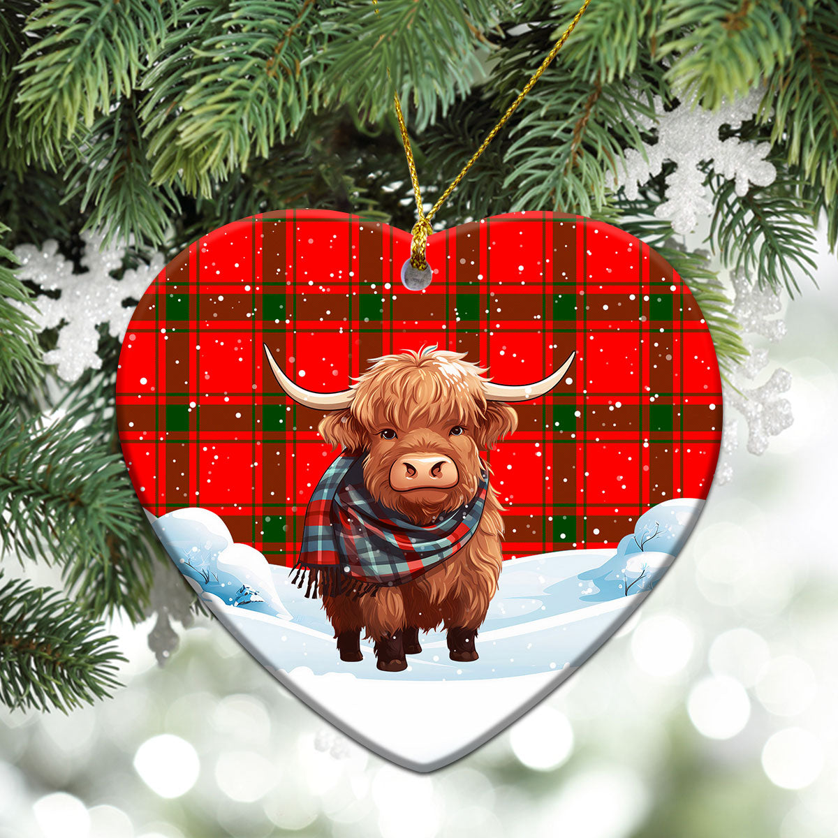 Darroch (Gourock) Tartan Christmas Ceramic Ornament - Highland Cows Snow Style