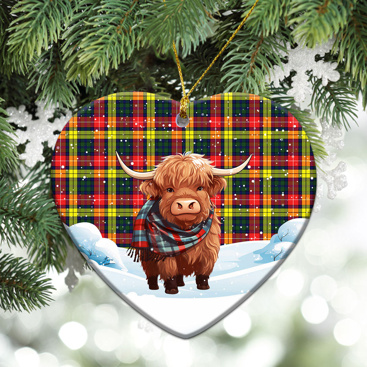 Dewar Tartan Christmas Ceramic Ornament - Highland Cows Snow Style