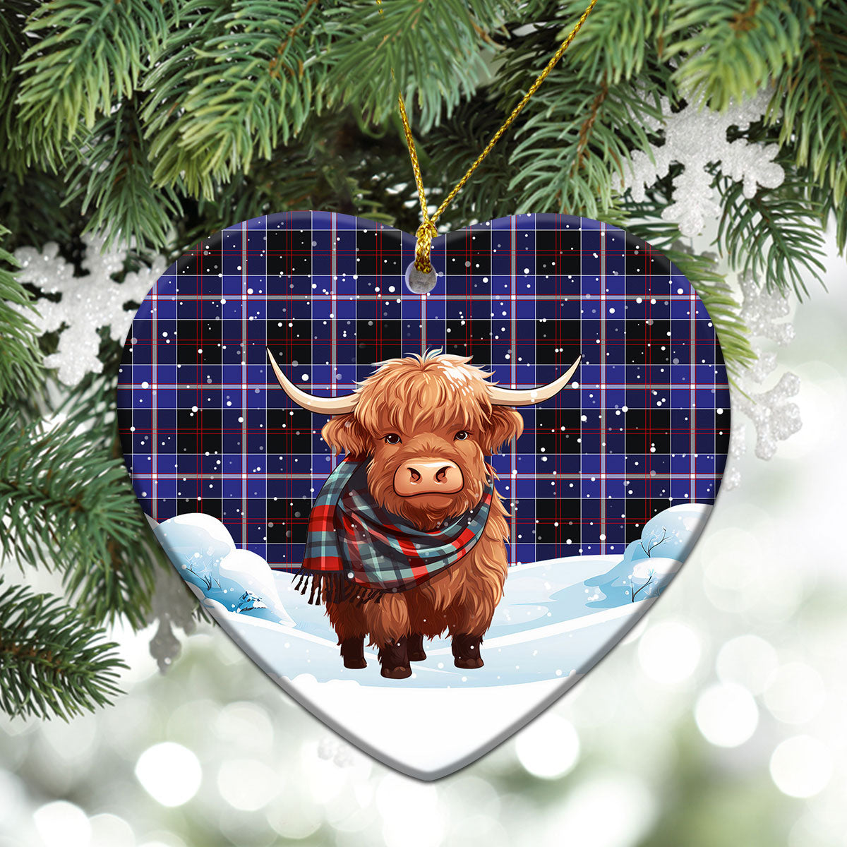 Dunlop Modern Tartan Christmas Ceramic Ornament - Highland Cows Snow Style