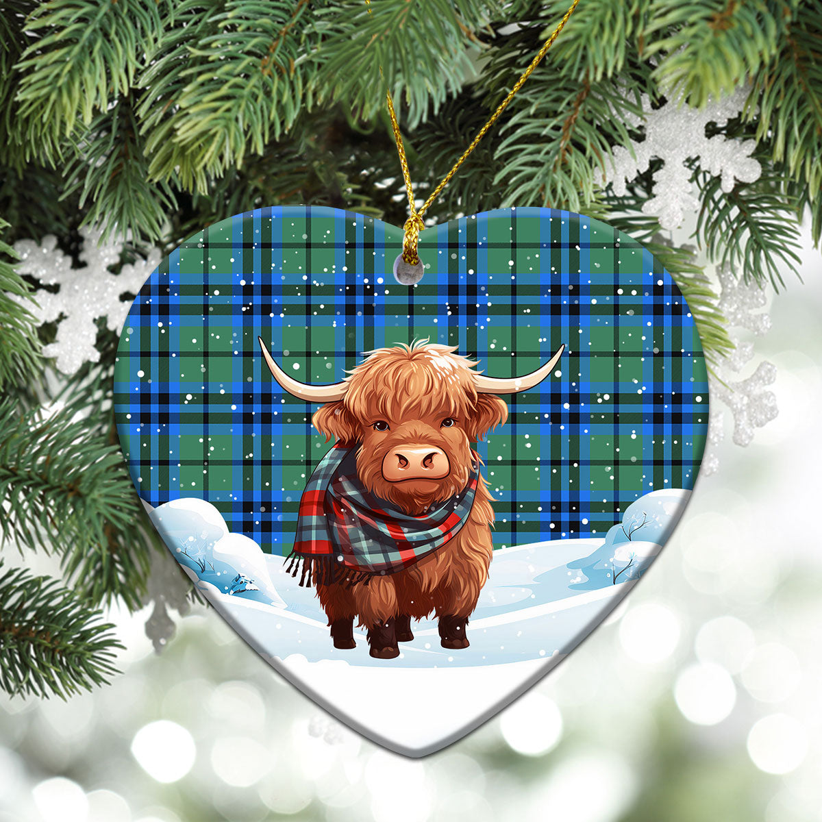 Falconer Tartan Christmas Ceramic Ornament - Highland Cows Snow Style