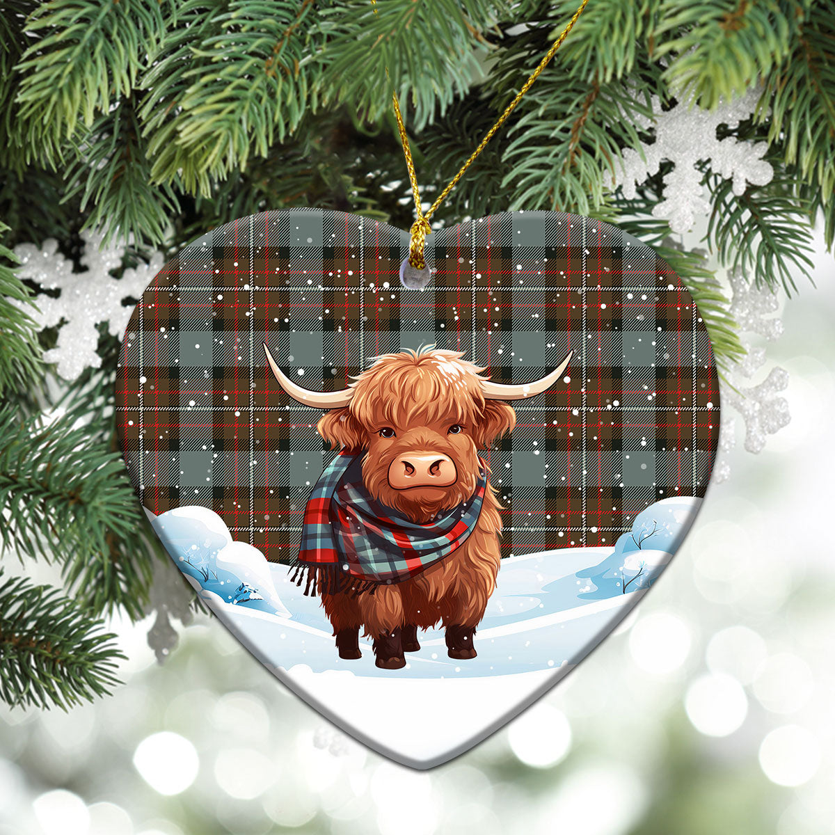 Fergusson Weathered Tartan Christmas Ceramic Ornament - Highland Cows Snow Style