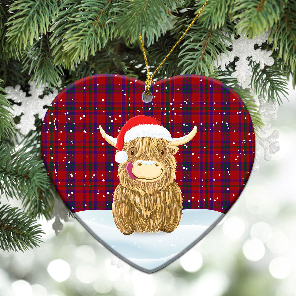 Ewing Tartan Christmas Ceramic Ornament - Highland Cows Style