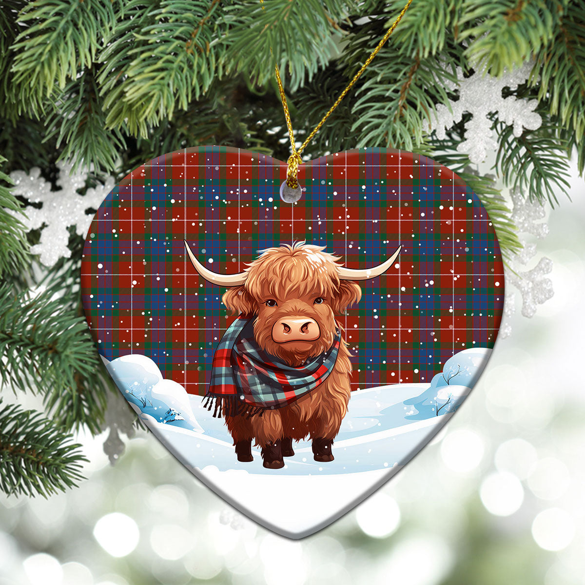 Fraser (of Lovat) Ancient Tartan Christmas Ceramic Ornament - Highland Cows Snow Style