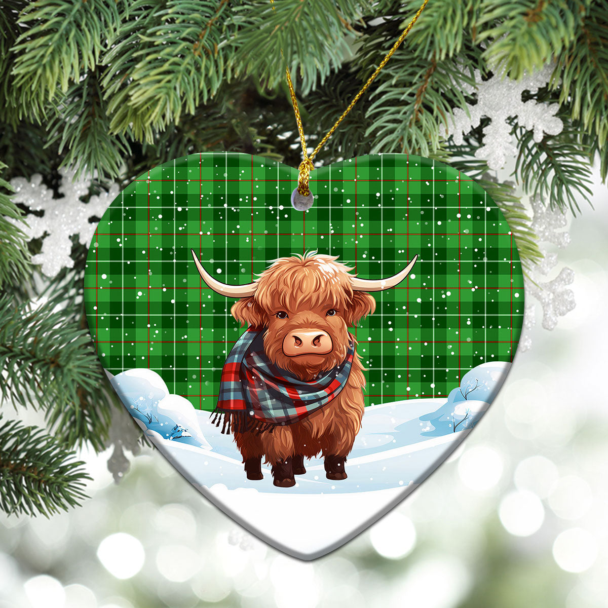 Galloway District Tartan Christmas Ceramic Ornament - Highland Cows Snow Style