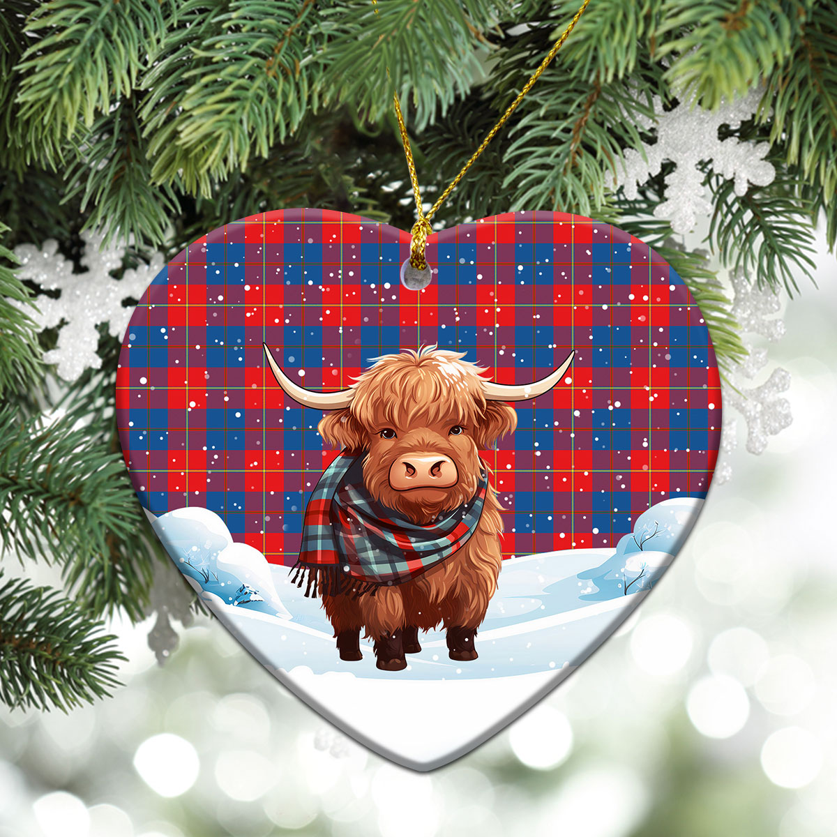 Galloway Red Tartan Christmas Ceramic Ornament - Highland Cows Snow Style