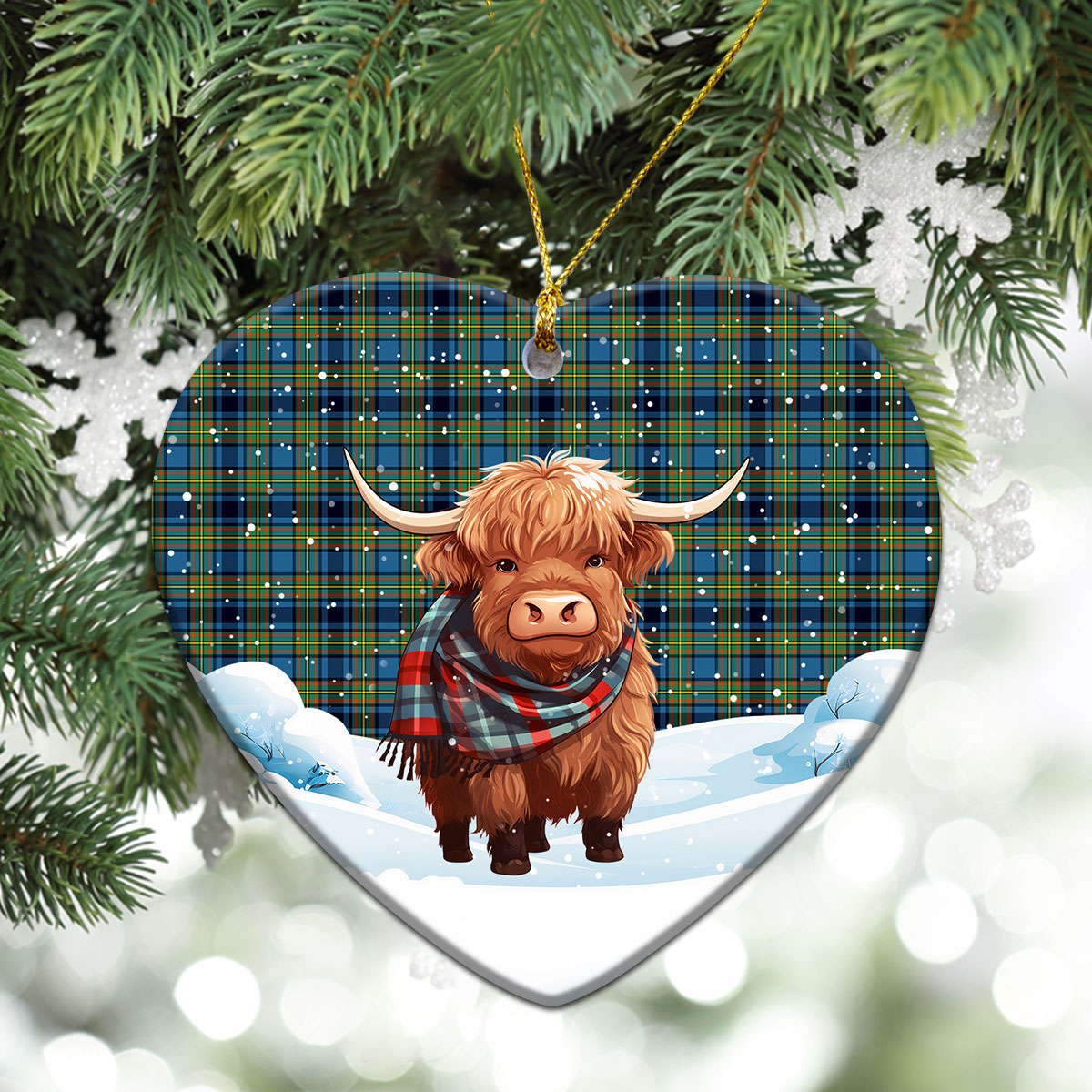 Gillies Ancient Tartan Christmas Ceramic Ornament - Highland Cows Snow Style