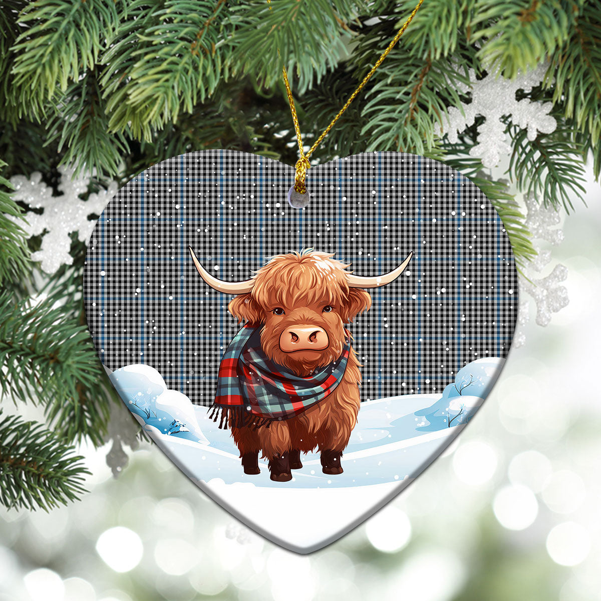 Gladstone Tartan Christmas Ceramic Ornament - Highland Cows Snow Style