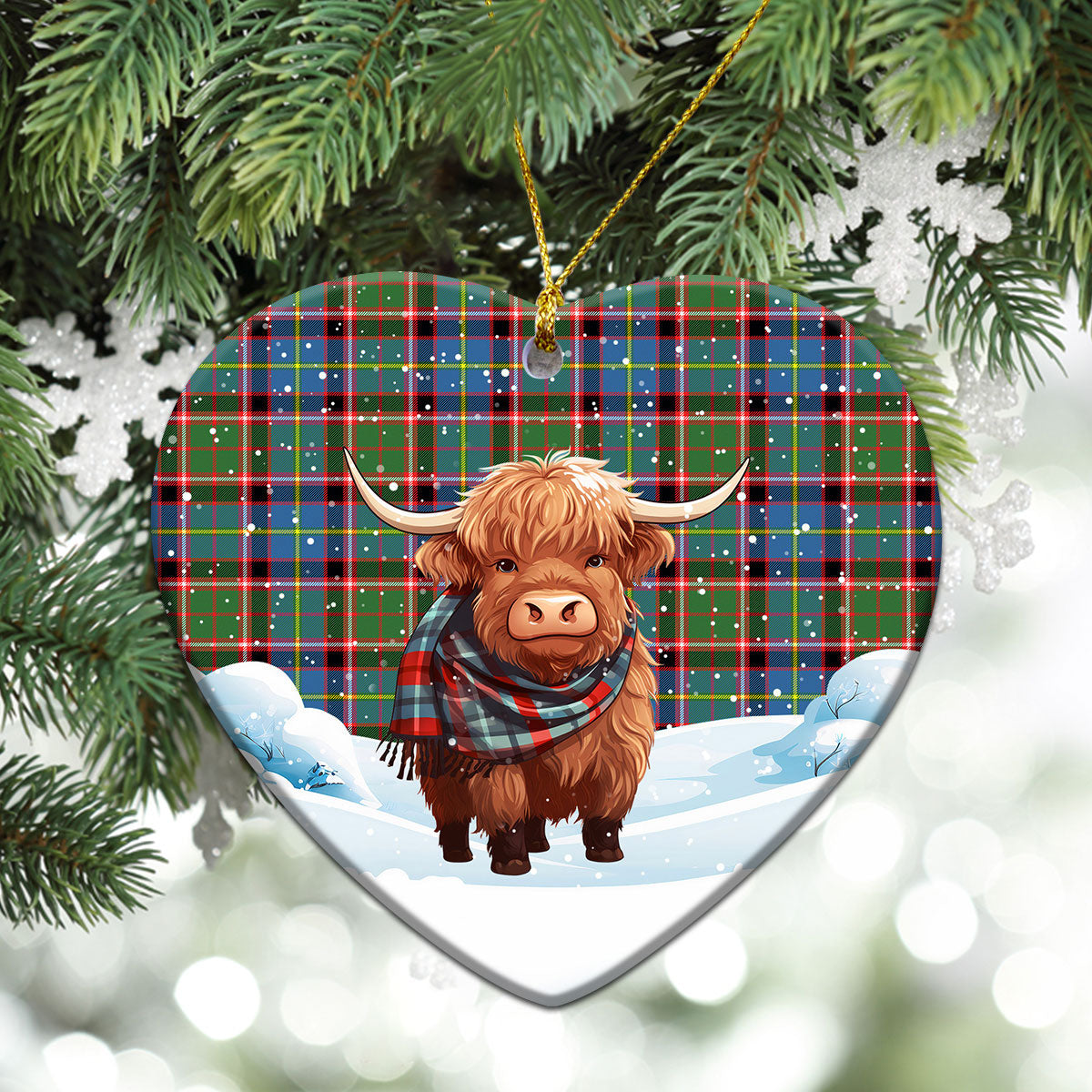 Glass Tartan Christmas Ceramic Ornament - Highland Cows Snow Style