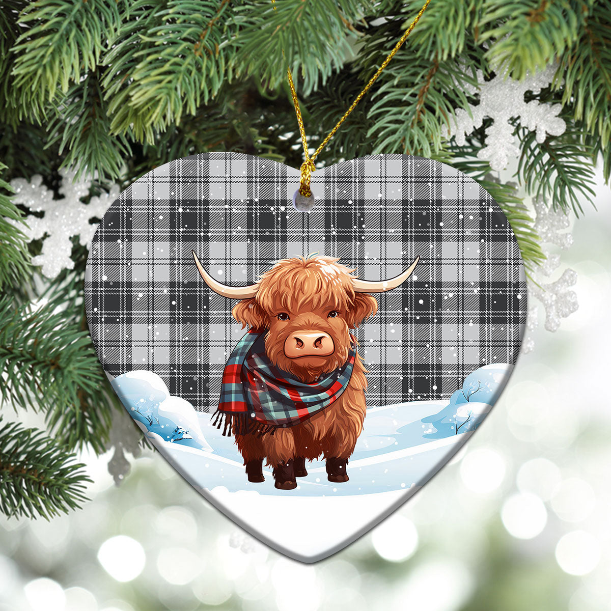 Glen Tartan Christmas Ceramic Ornament - Highland Cows Snow Style