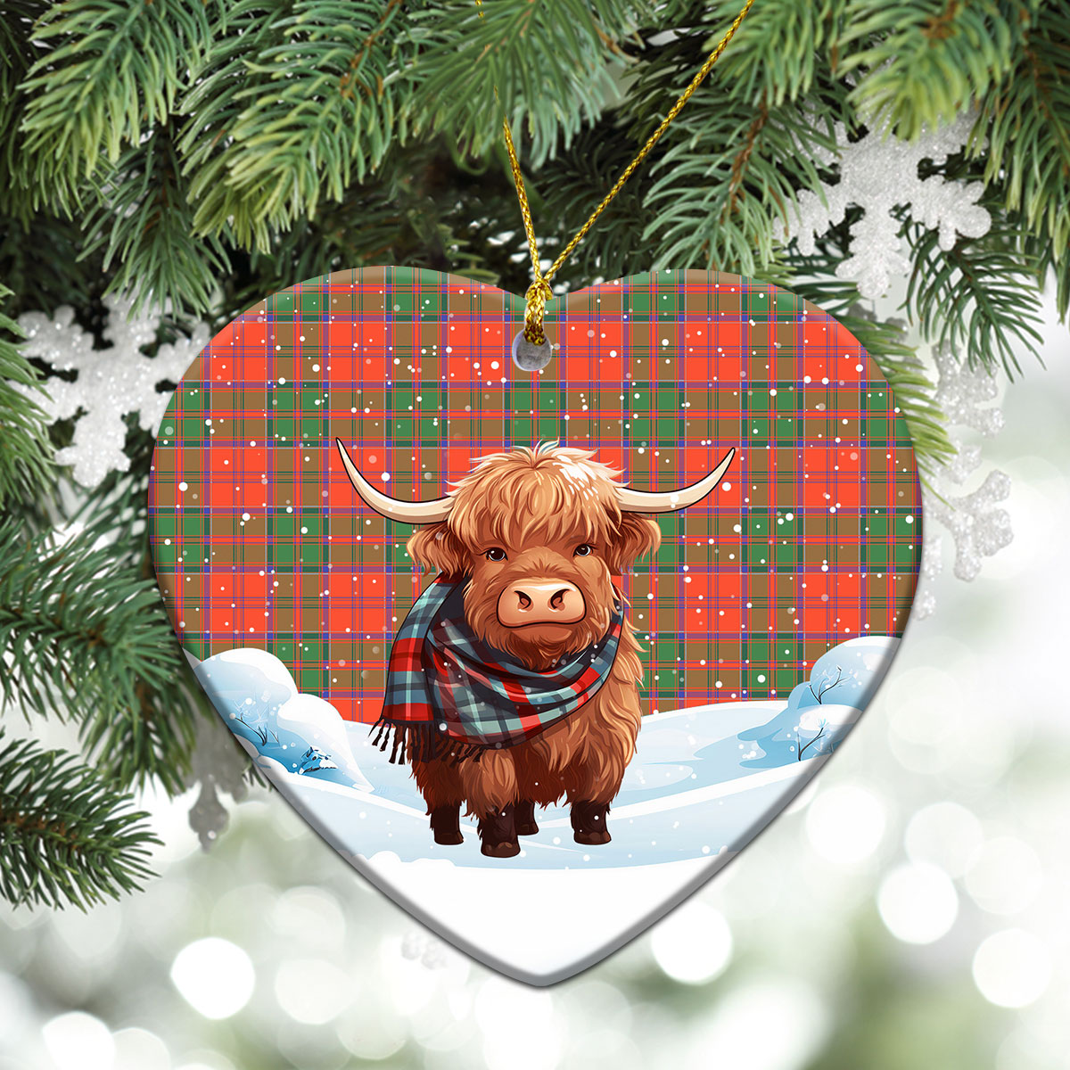 Grant Ancient Tartan Christmas Ceramic Ornament - Highland Cows Snow Style