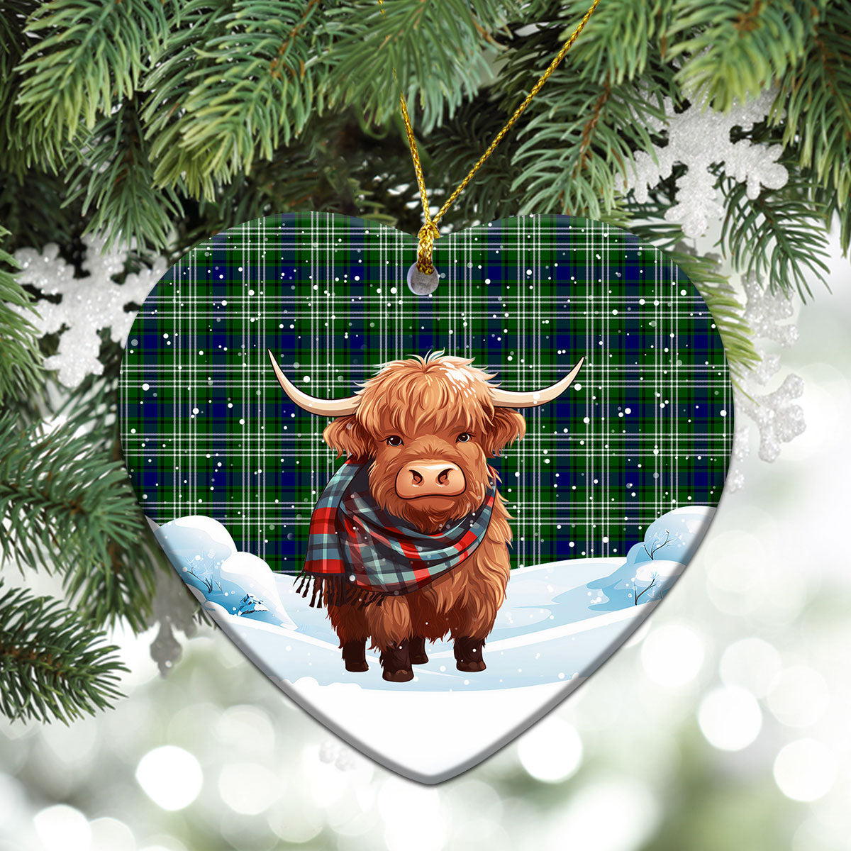 Haliburton Tartan Christmas Ceramic Ornament - Highland Cows Snow Style