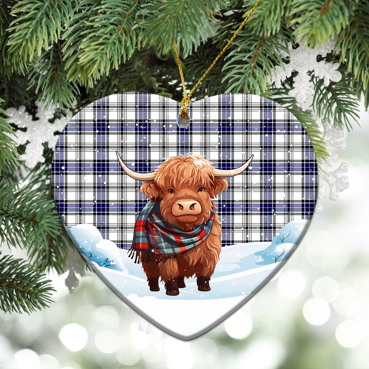 Hannay Modern Tartan Christmas Ceramic Ornament - Highland Cows Snow Style