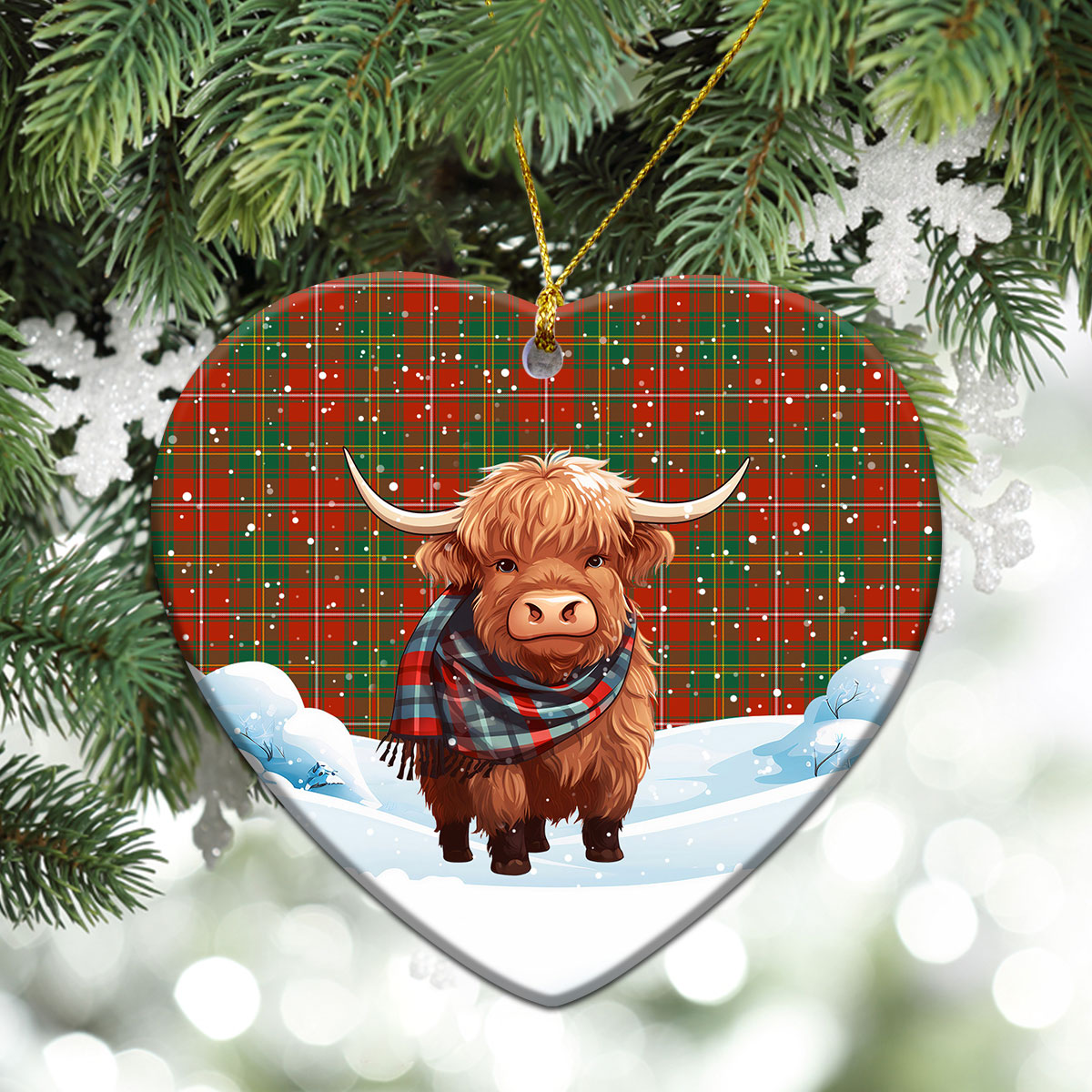 Hay Ancient Tartan Christmas Ceramic Ornament - Highland Cows Snow Style