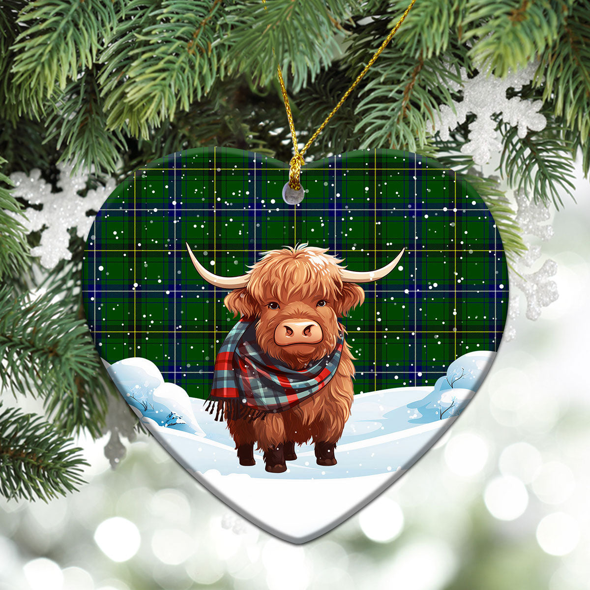 Henderson Modern Tartan Christmas Ceramic Ornament - Highland Cows Snow Style