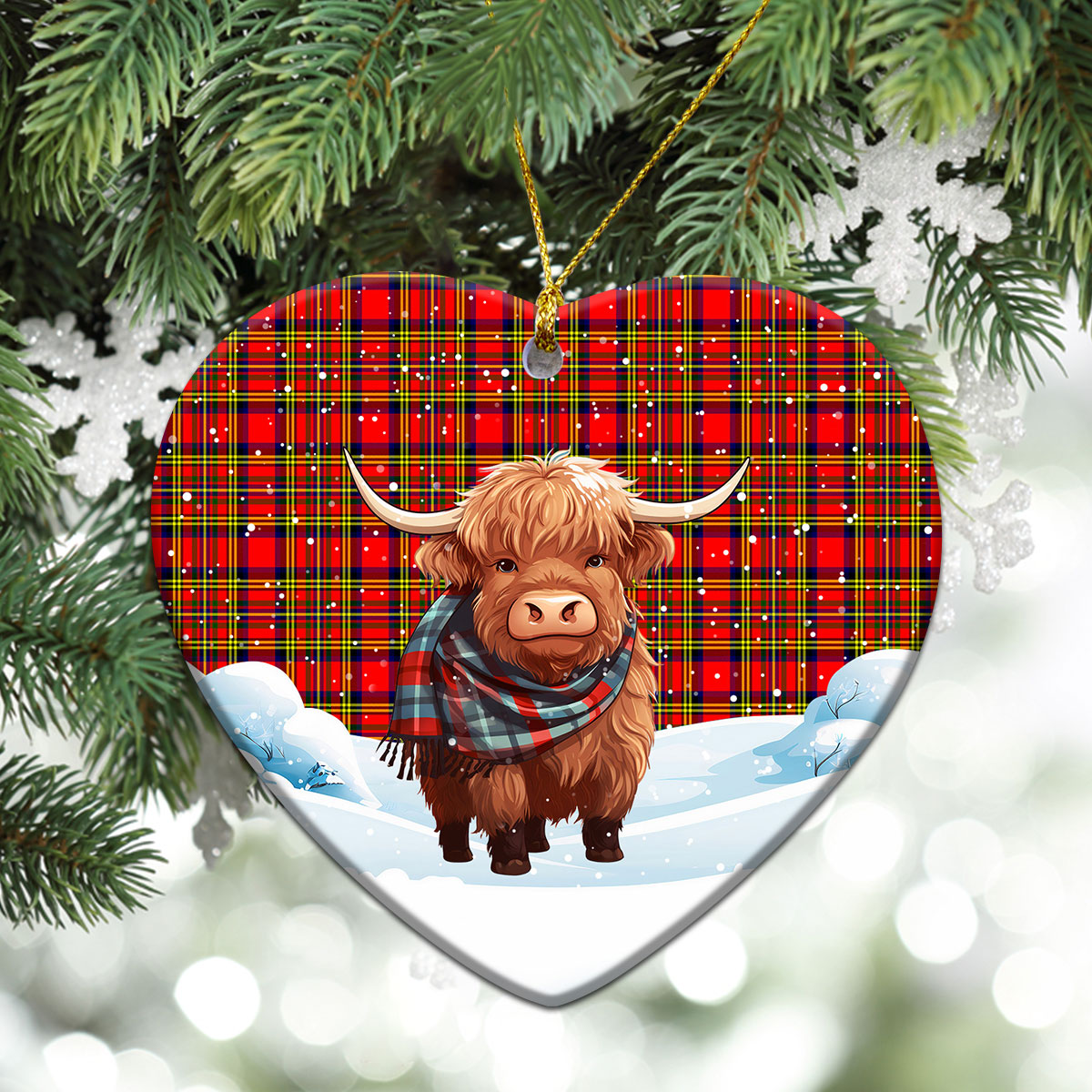 Hepburn Tartan Christmas Ceramic Ornament - Highland Cows Snow Style
