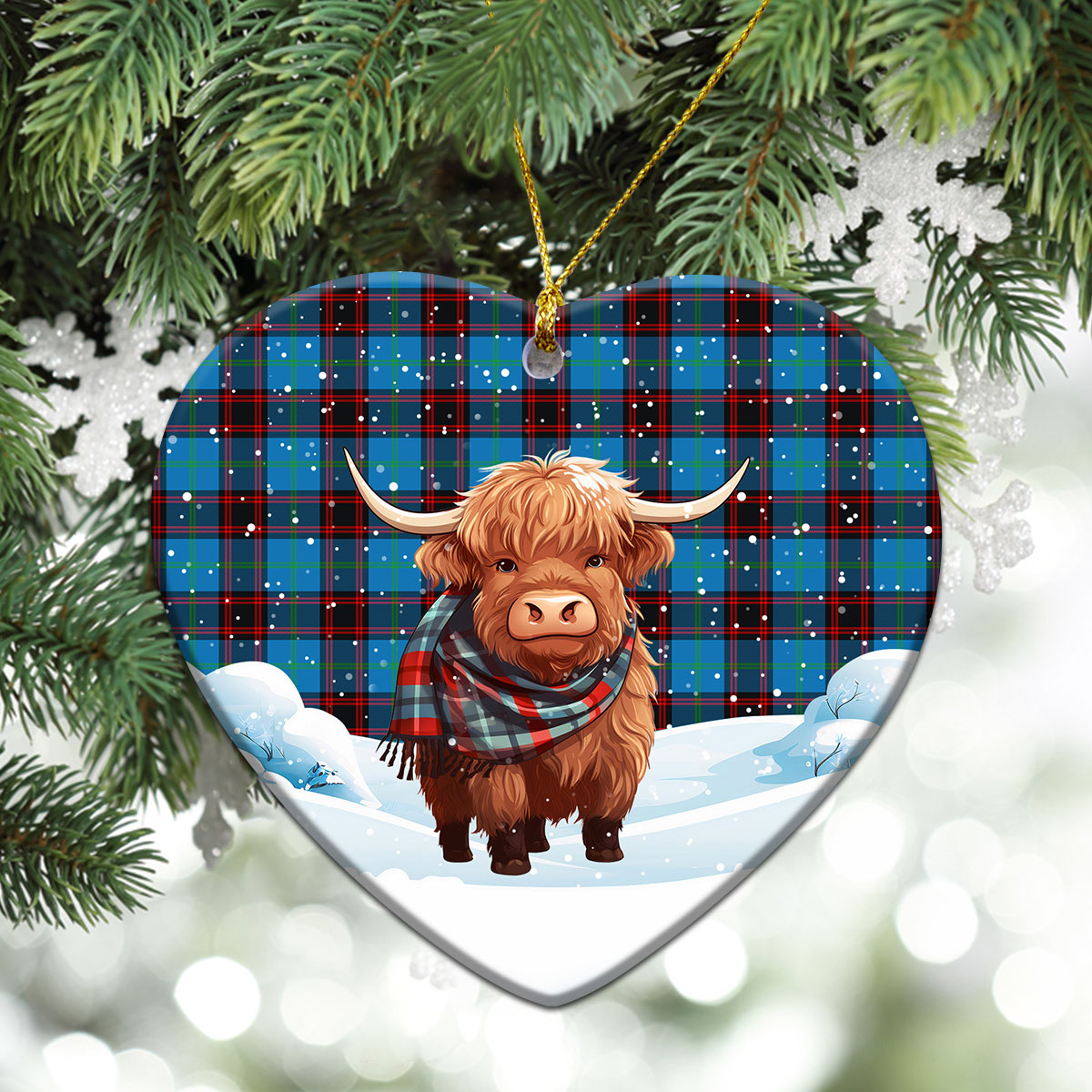Home Ancient Tartan Christmas Ceramic Ornament - Highland Cows Snow Style