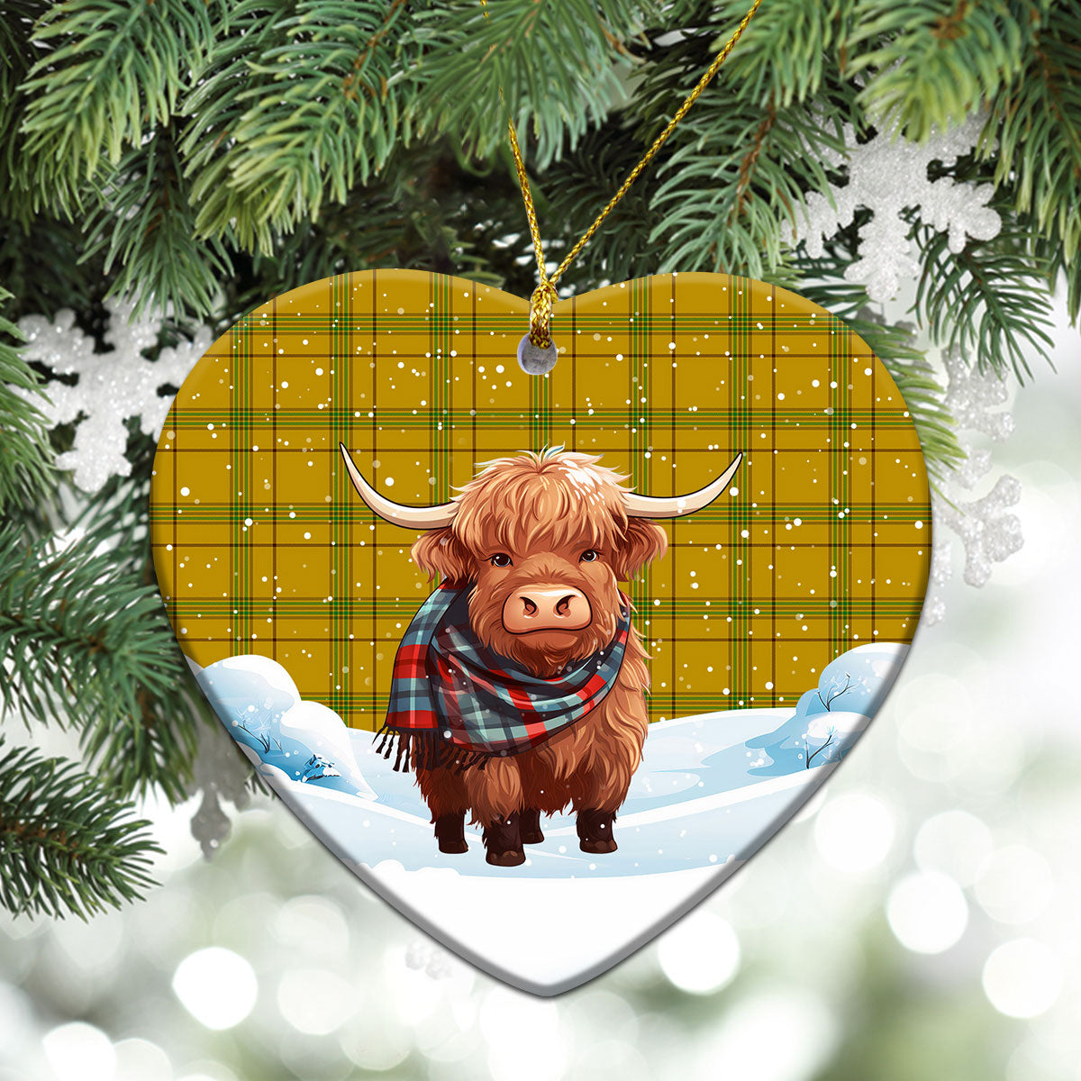 Houston Tartan Christmas Ceramic Ornament - Highland Cows Snow Style