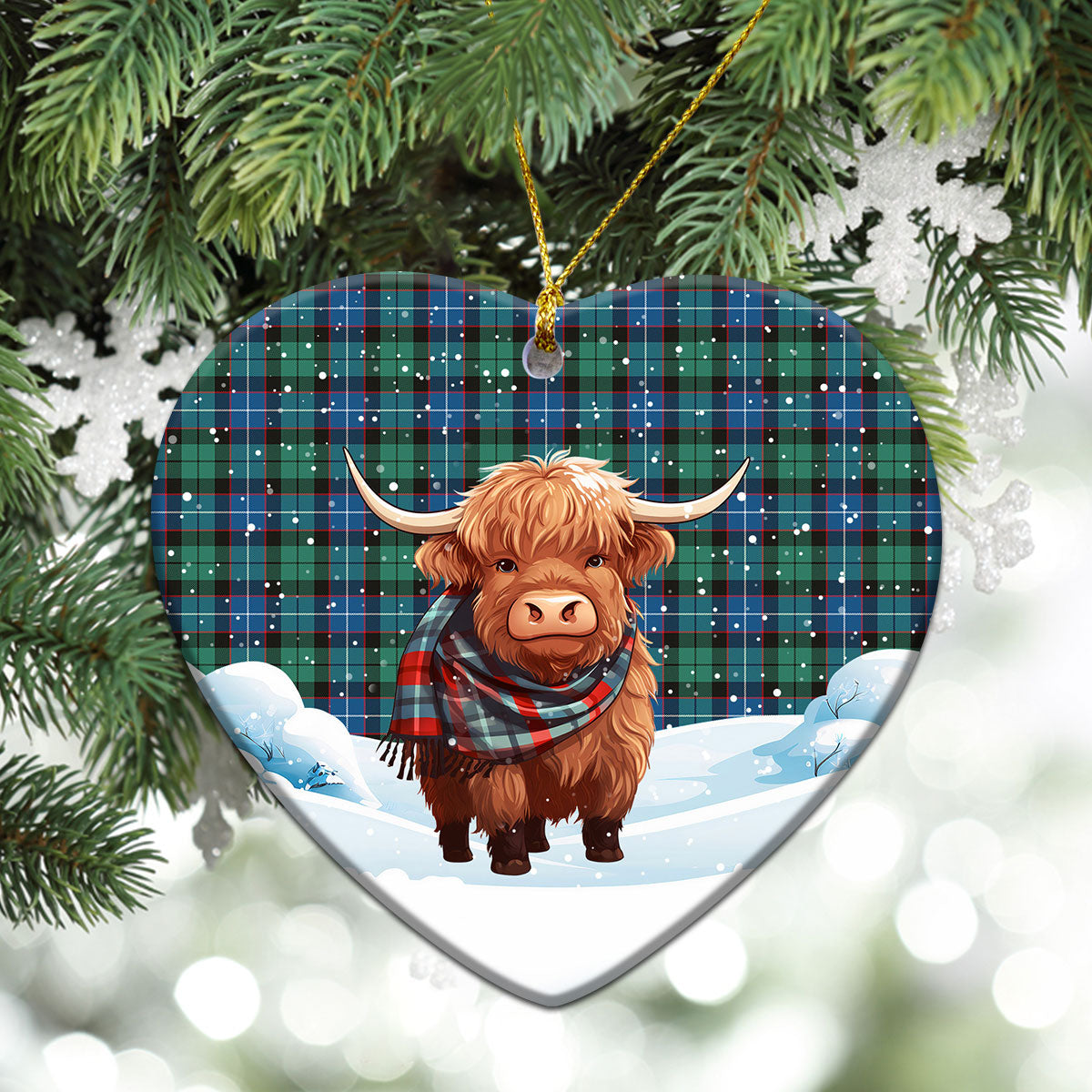 Hunter Ancient Tartan Christmas Ceramic Ornament - Highland Cows Snow Style