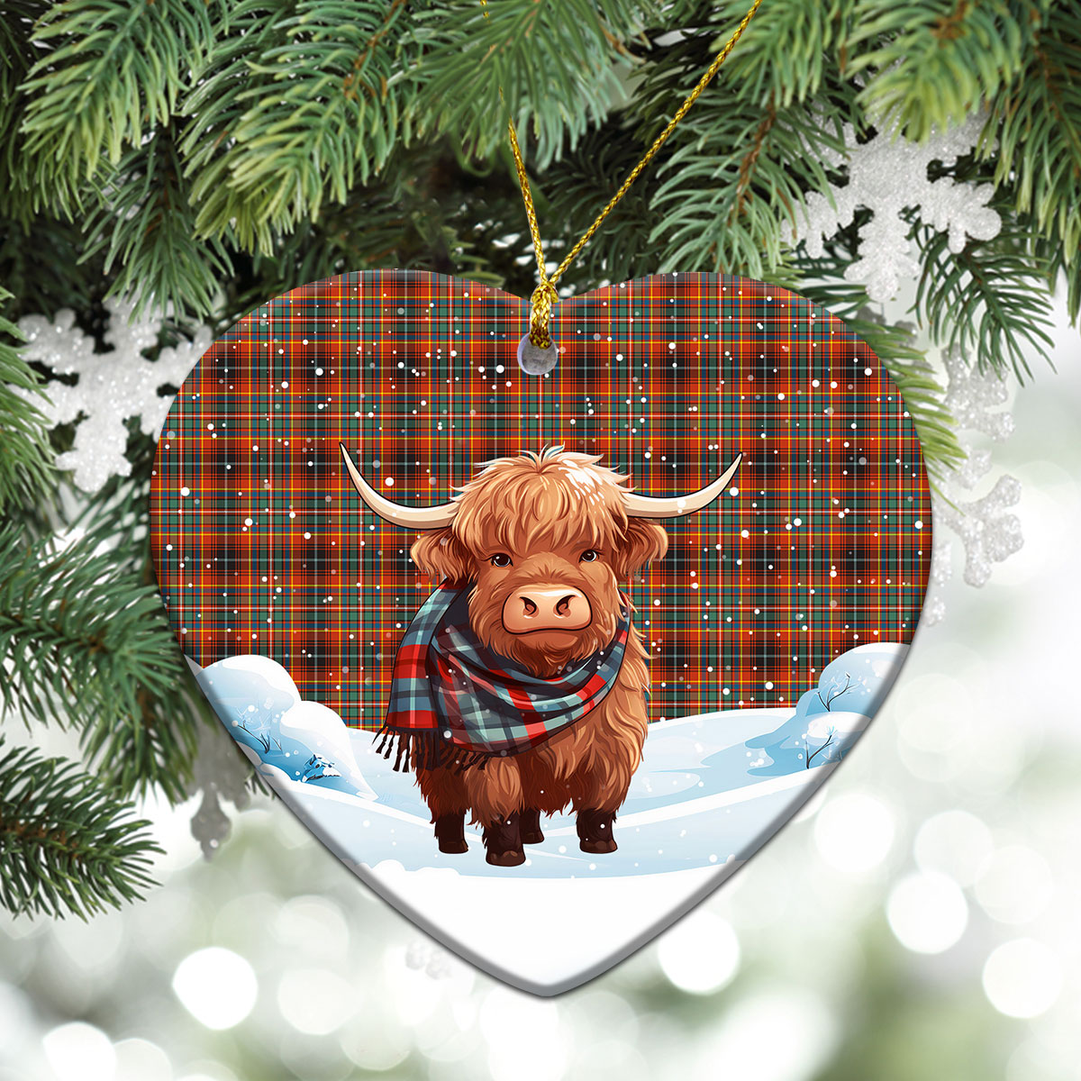 Innes Ancient Tartan Christmas Ceramic Ornament - Highland Cows Snow Style