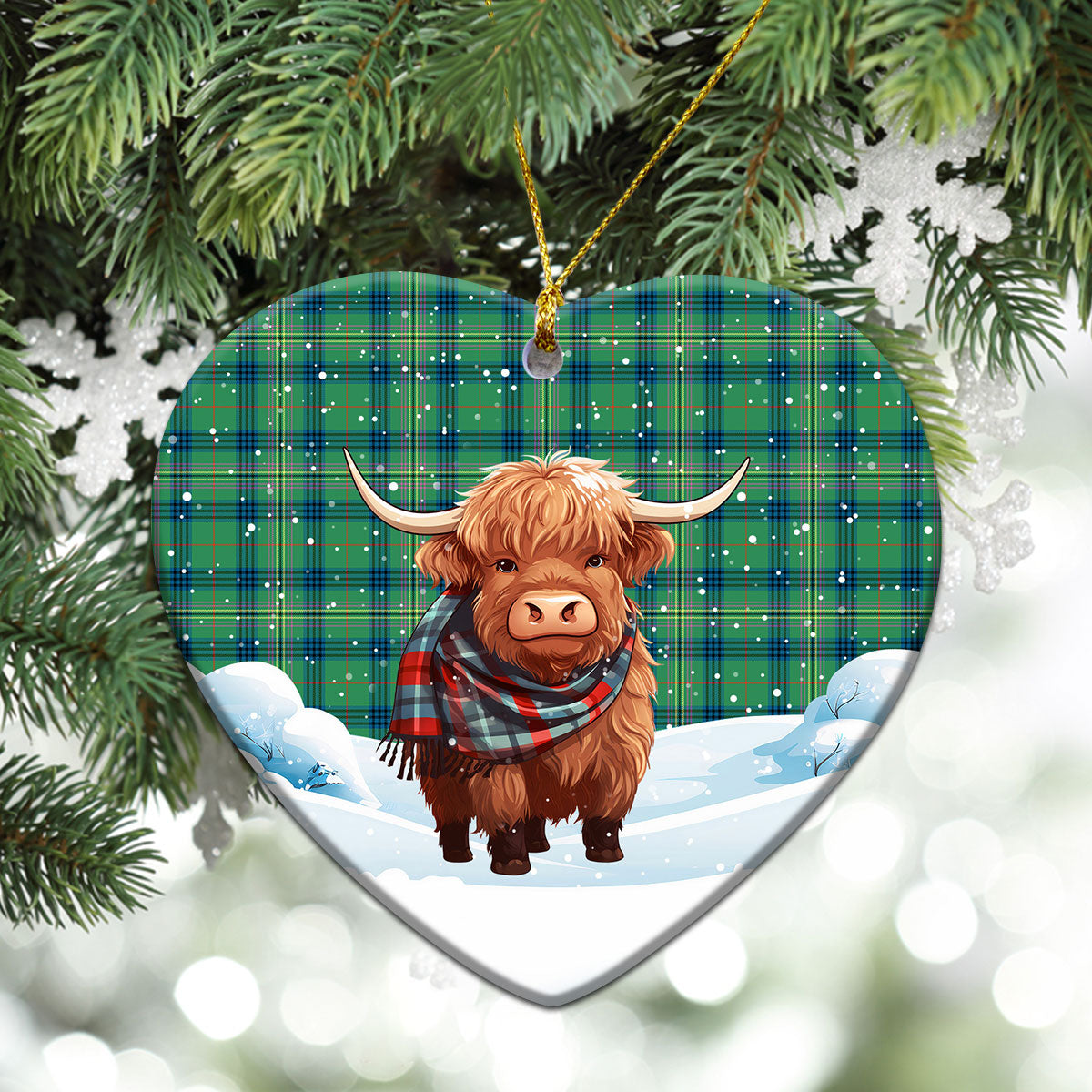 Kennedy Ancient Tartan Christmas Ceramic Ornament - Highland Cows Snow Style