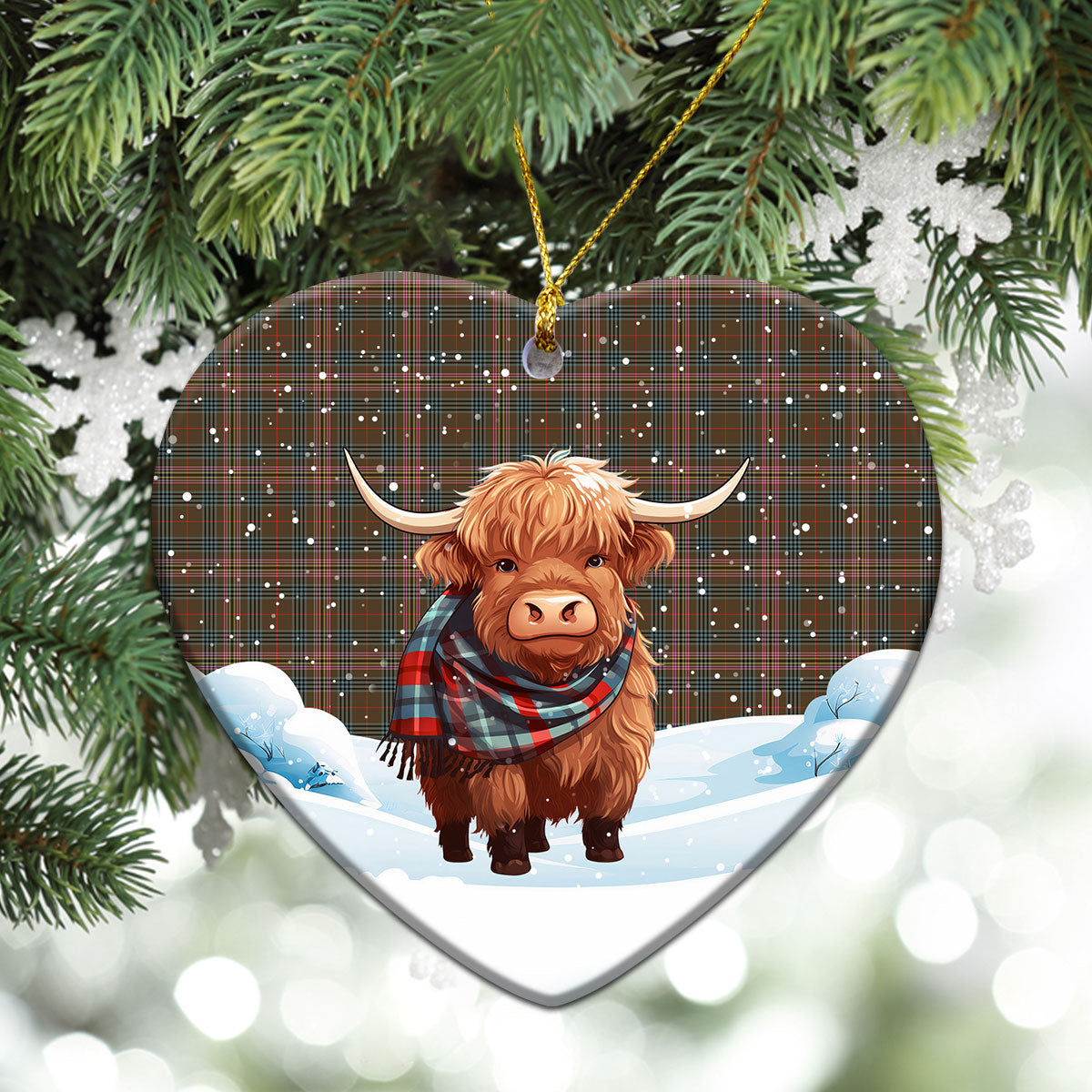 Kennedy Weathered Tartan Christmas Ceramic Ornament - Highland Cows Snow Style