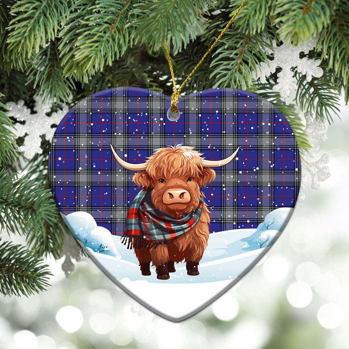 Kinnaird Tartan Christmas Ceramic Ornament - Highland Cows Snow Style