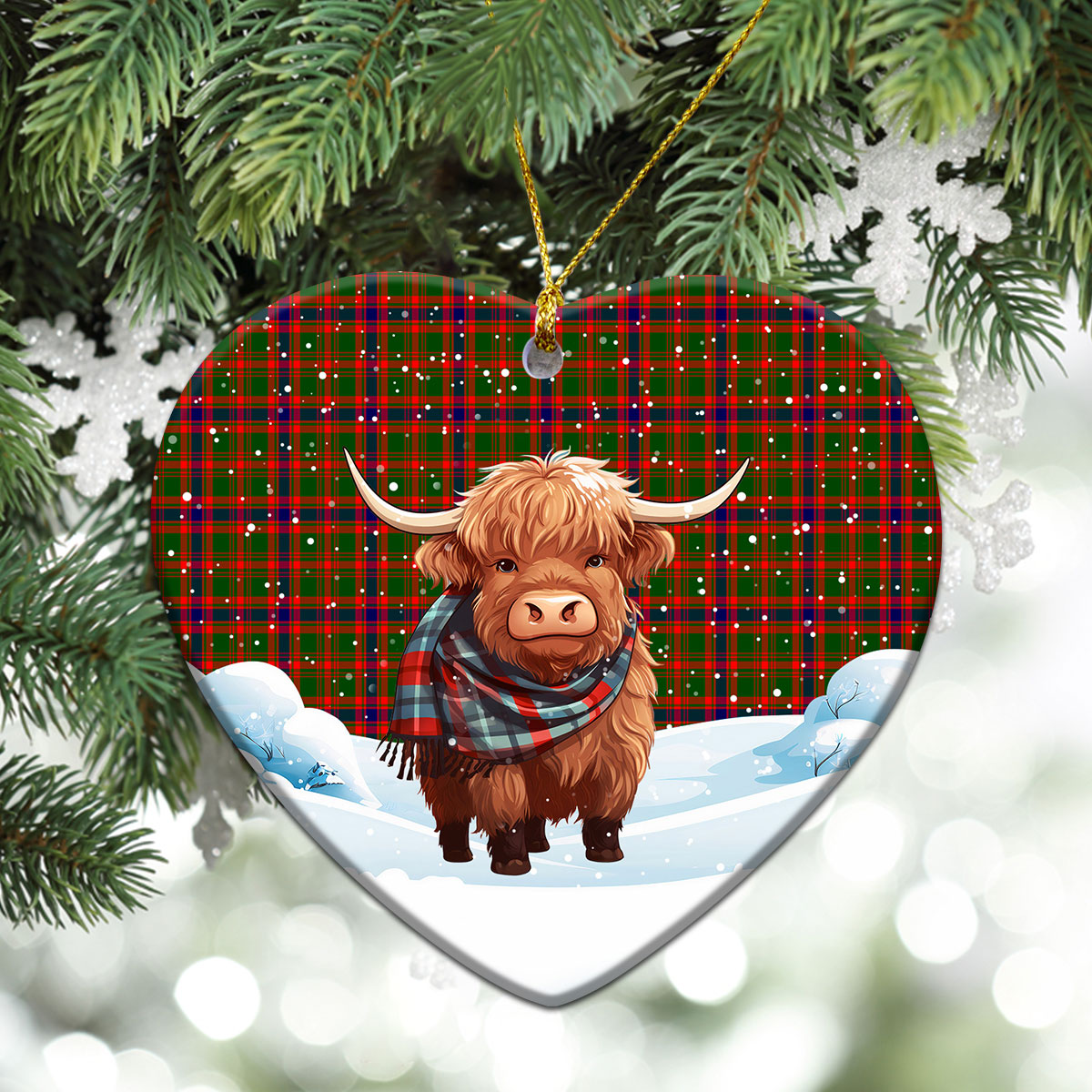 Kinninmont Tartan Christmas Ceramic Ornament - Highland Cows Snow Style