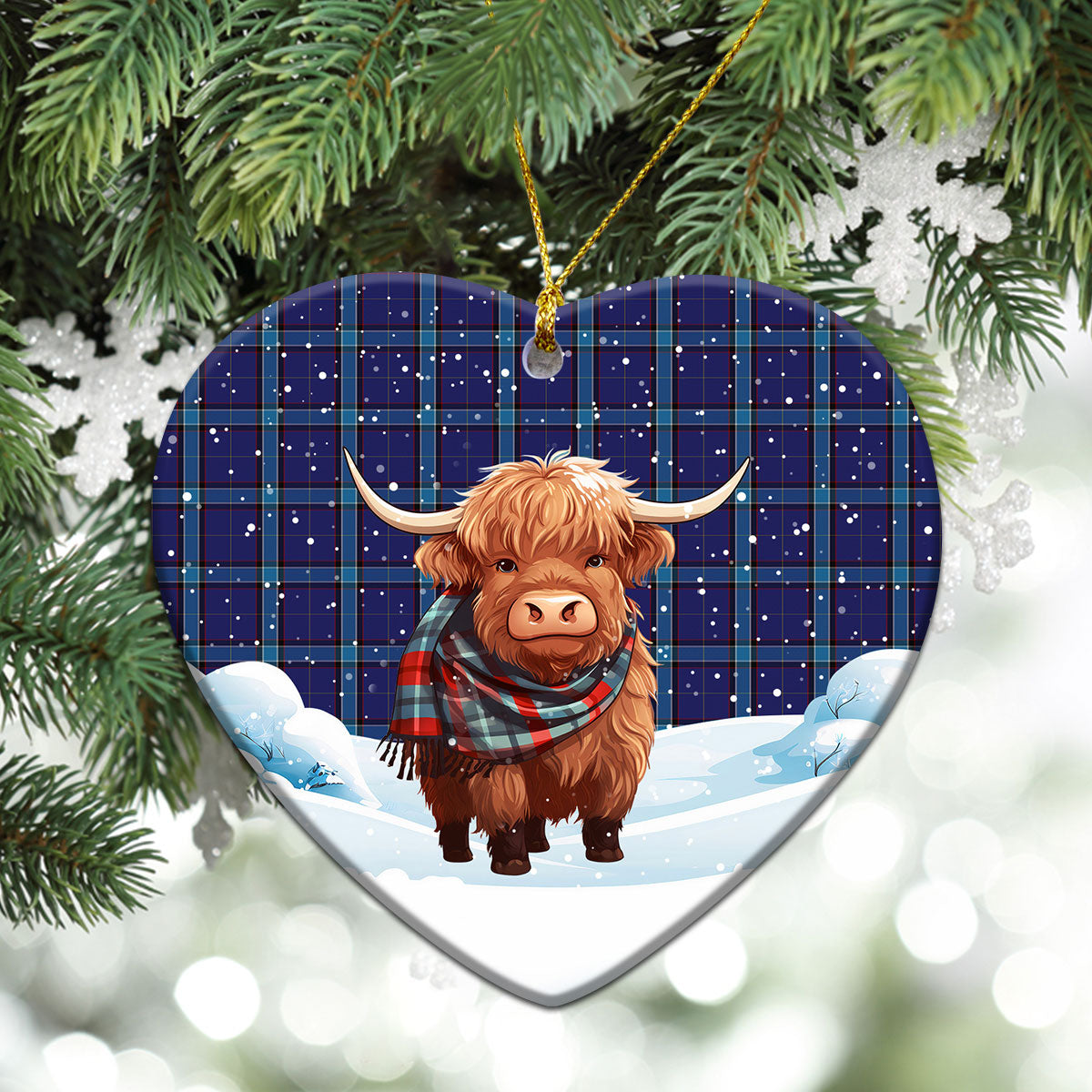 Kirkcaldy Tartan Christmas Ceramic Ornament - Highland Cows Snow Style