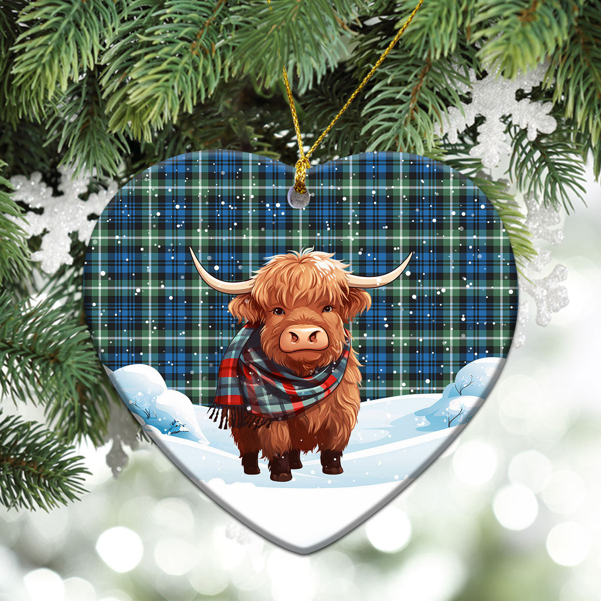 Lamont Ancient Tartan Christmas Ceramic Ornament - Highland Cows Snow Style