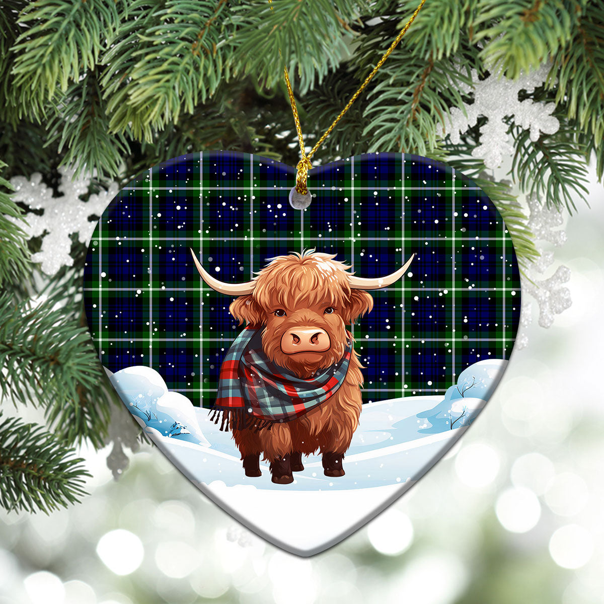 Lamont Modern Tartan Christmas Ceramic Ornament - Highland Cows Snow Style