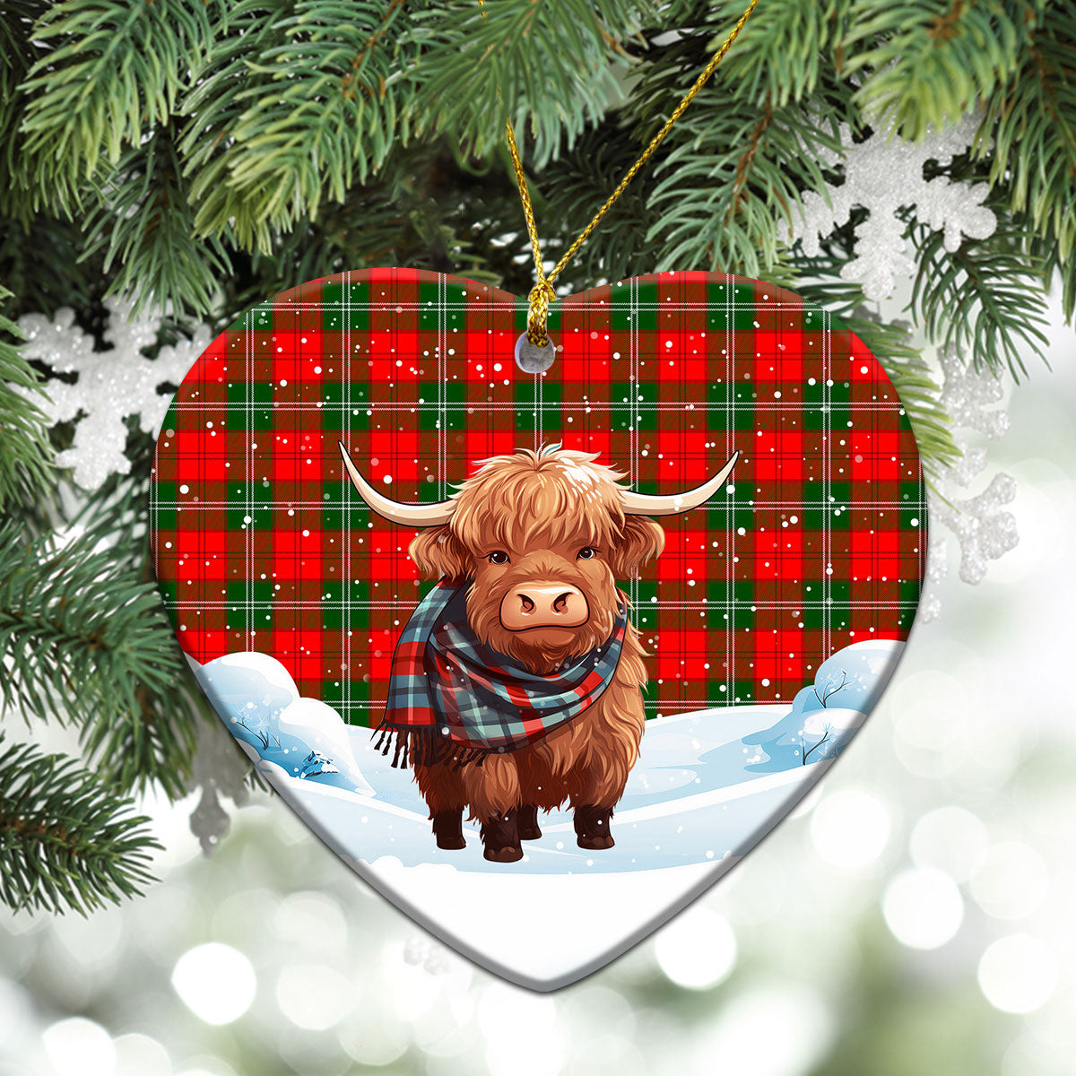 Lennox Tartan Christmas Ceramic Ornament - Highland Cows Snow Style