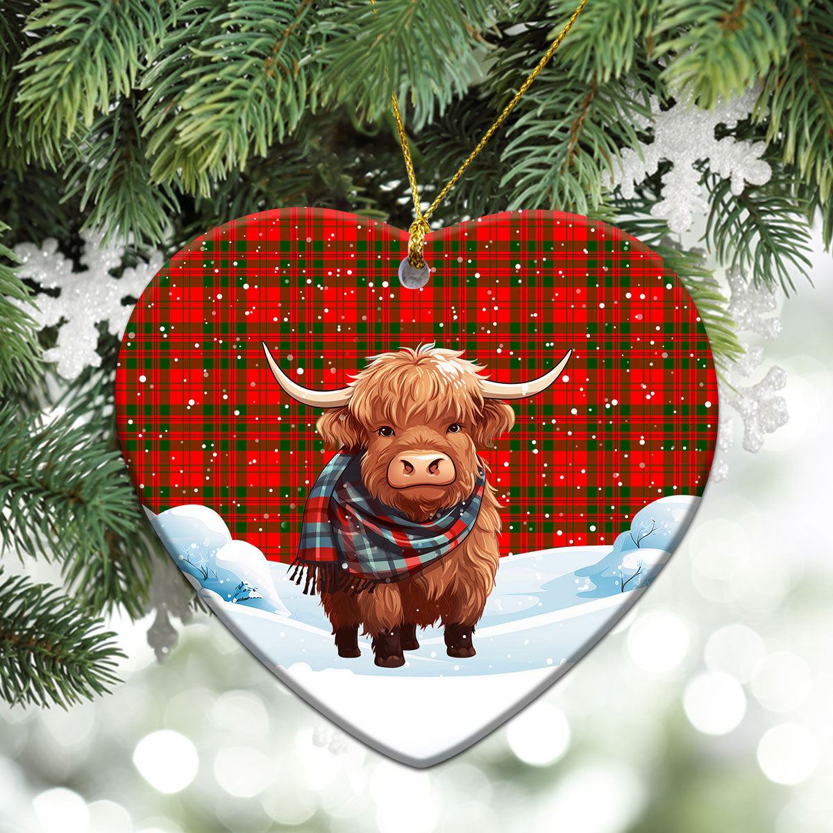 Livingstone Tartan Christmas Ceramic Ornament - Highland Cows Snow Style