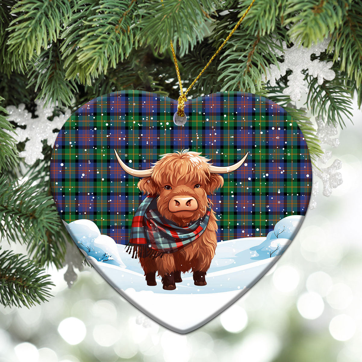 Logan Ancient Tartan Christmas Ceramic Ornament - Highland Cows Snow Style