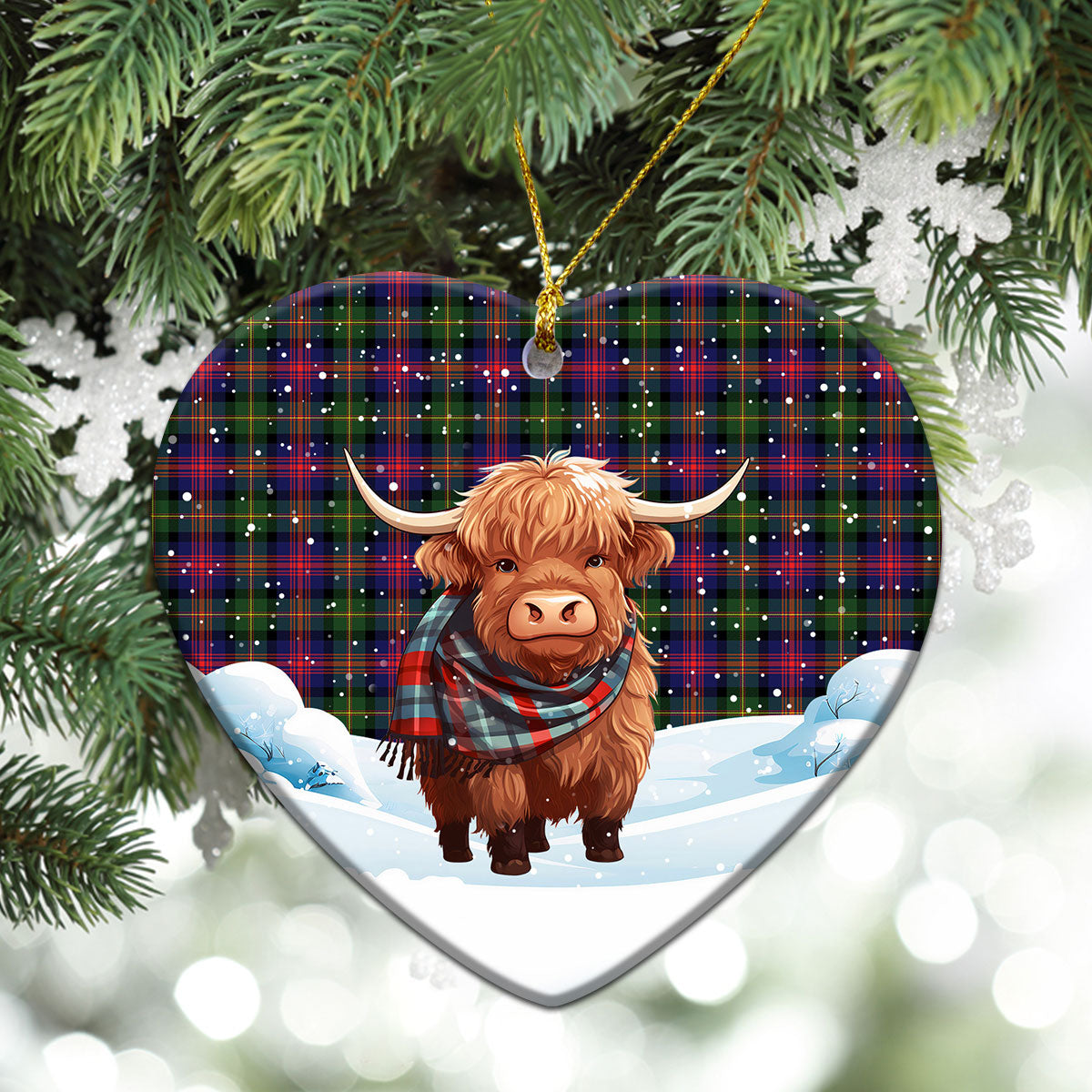 Logan Modern Tartan Christmas Ceramic Ornament - Highland Cows Snow Style