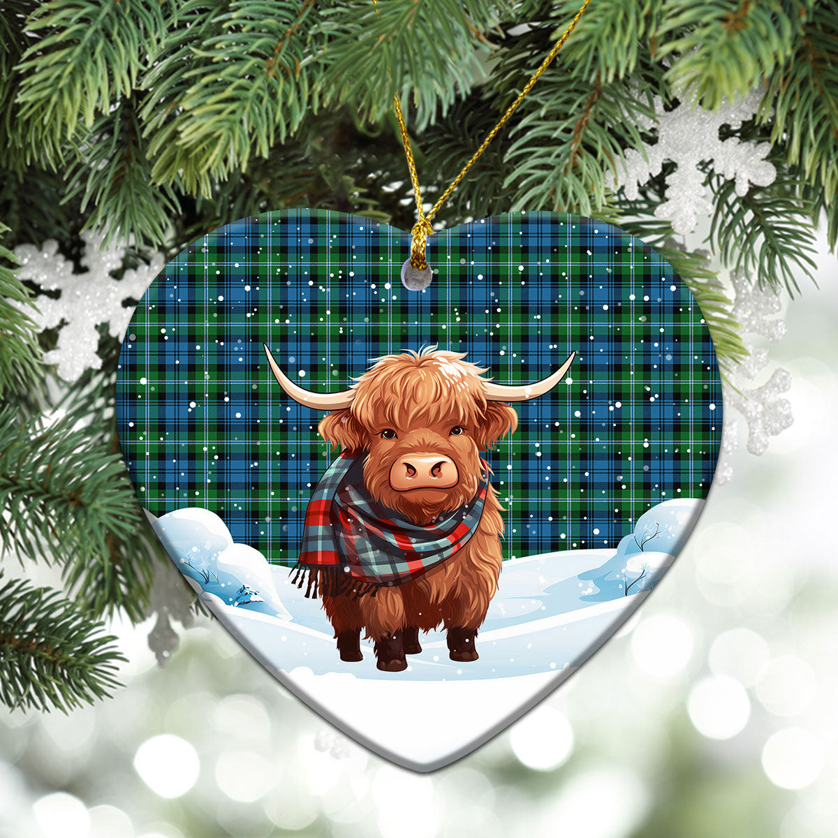 Lyon Tartan Christmas Ceramic Ornament - Highland Cows Snow Style