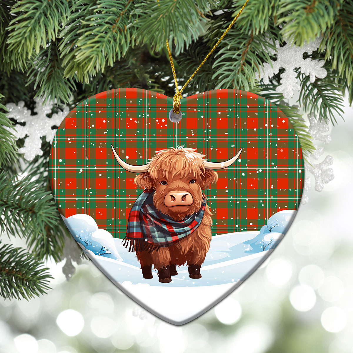 MacGregor Ancient Tartan Christmas Ceramic Ornament - Highland Cows Snow Style