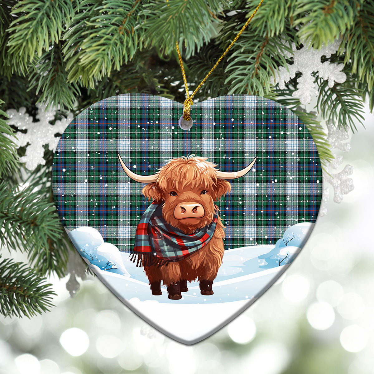 MacKenzie Dress Ancient Tartan Christmas Ceramic Ornament - Highland Cows Snow Style