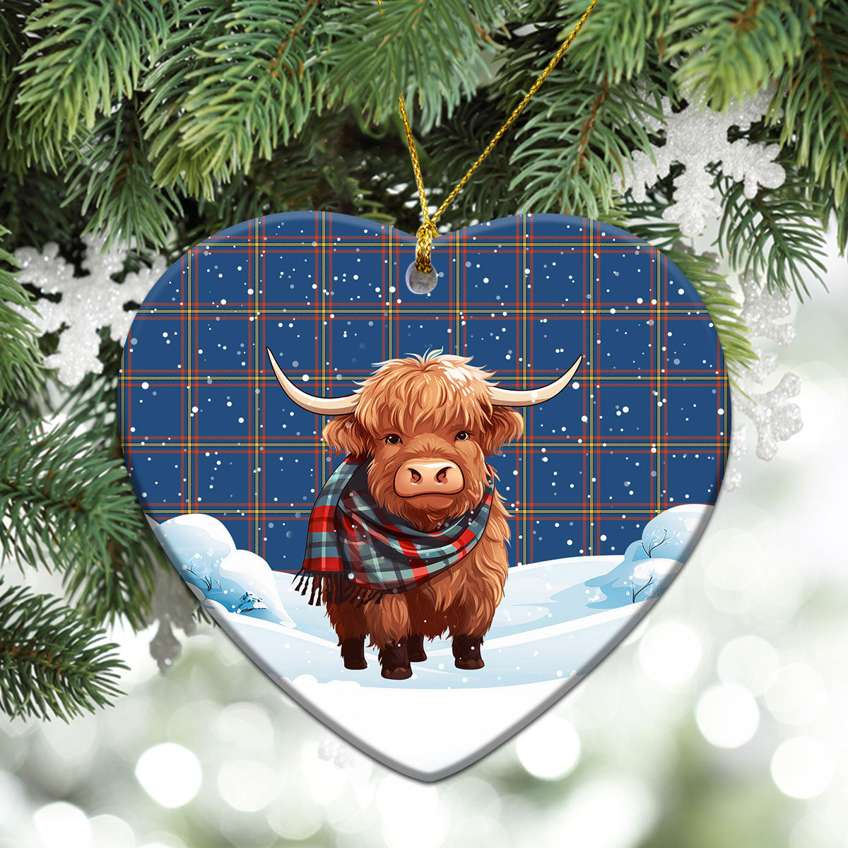 MacLaine of Loch Buie Hunting Ancient Tartan Christmas Ceramic Ornament - Highland Cows Snow Style