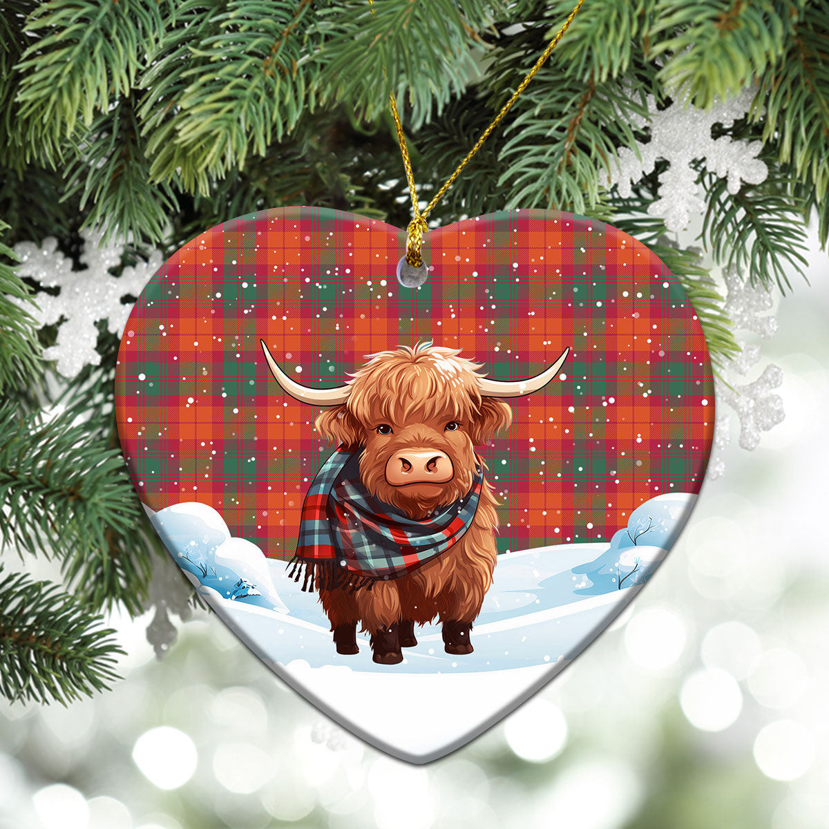 MacNab Ancient Tartan Christmas Ceramic Ornament - Highland Cows Snow Style