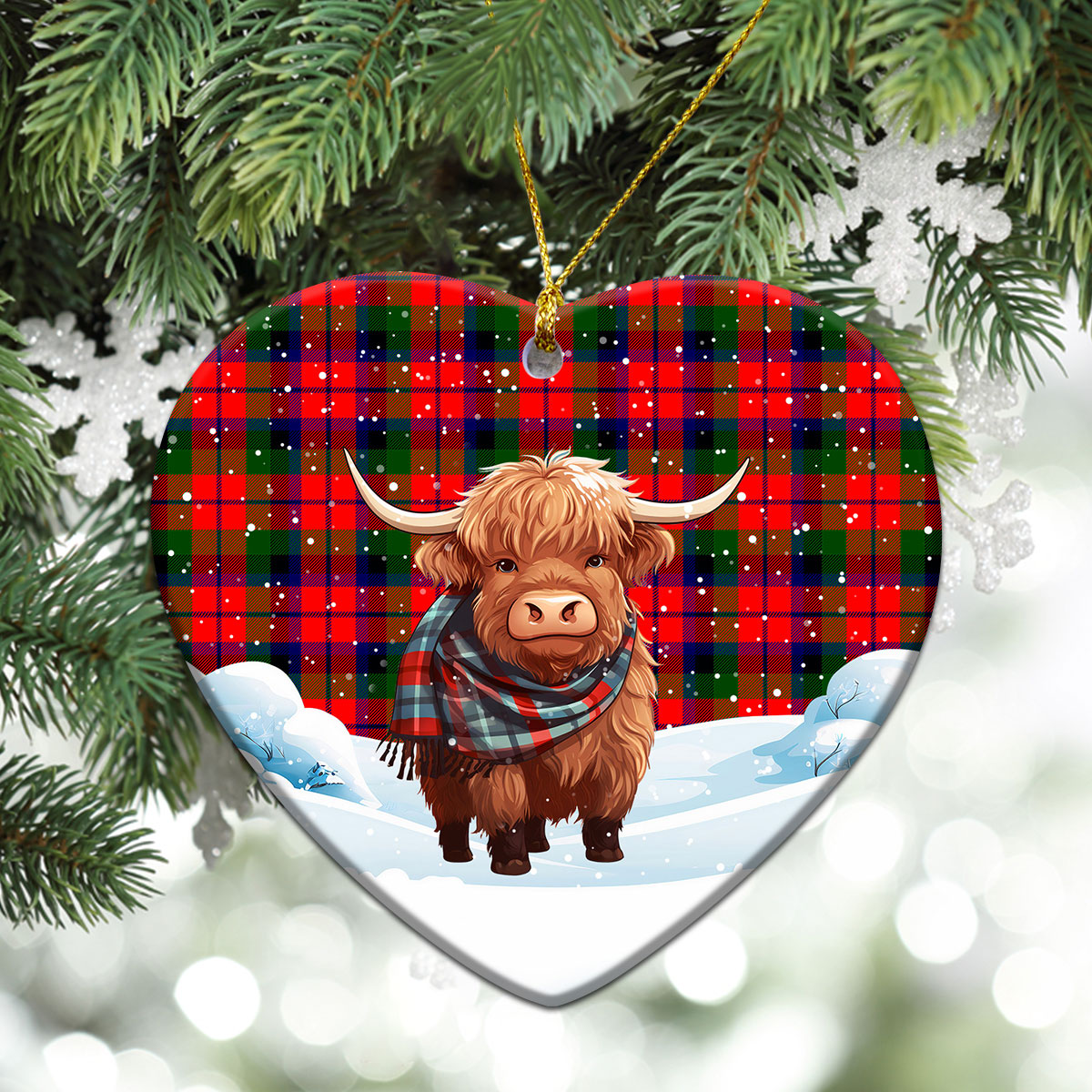 MacNaughton Modern Tartan Christmas Ceramic Ornament - Highland Cows Snow Style
