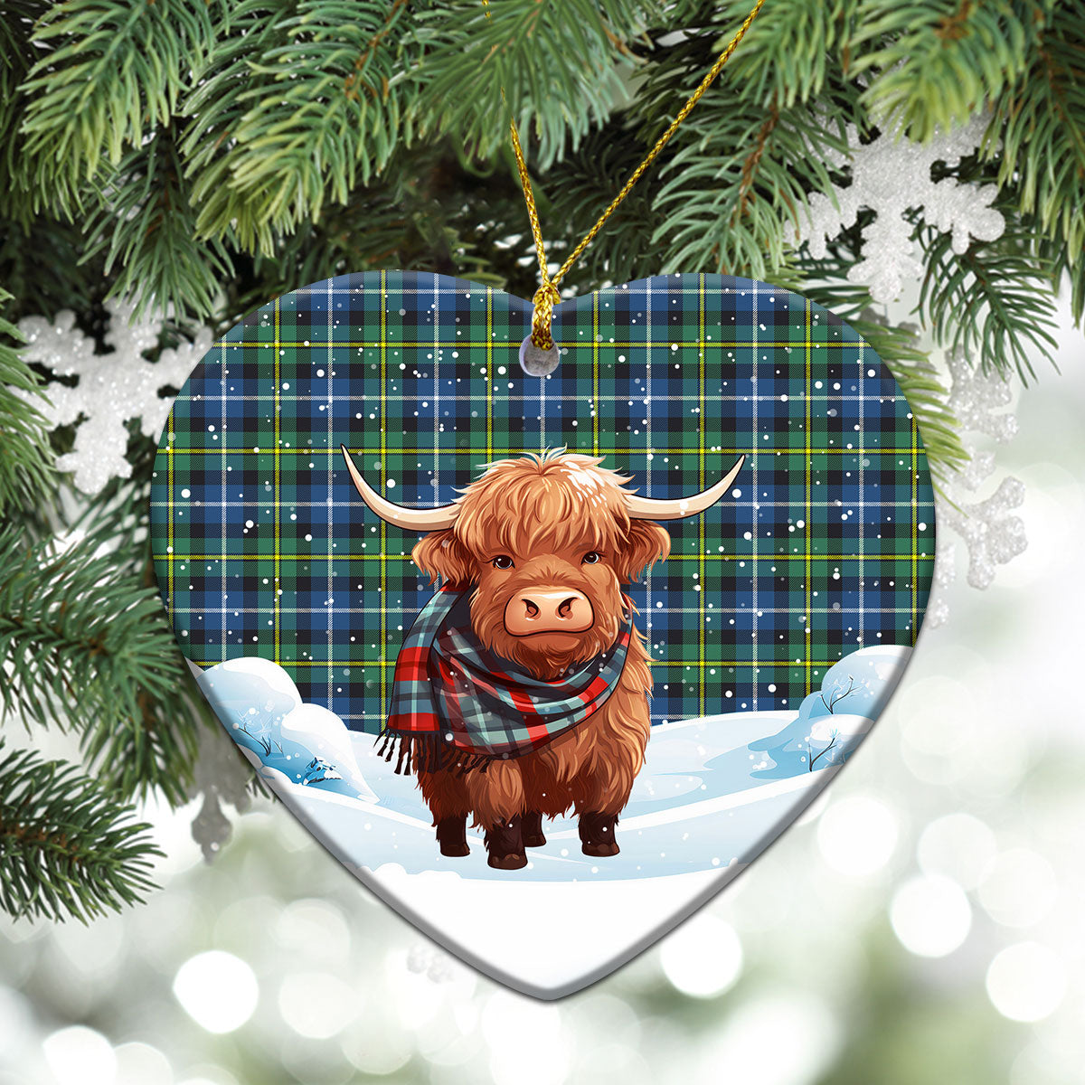 MacNeil of Barra Ancient Tartan Christmas Ceramic Ornament - Highland Cows Snow Style