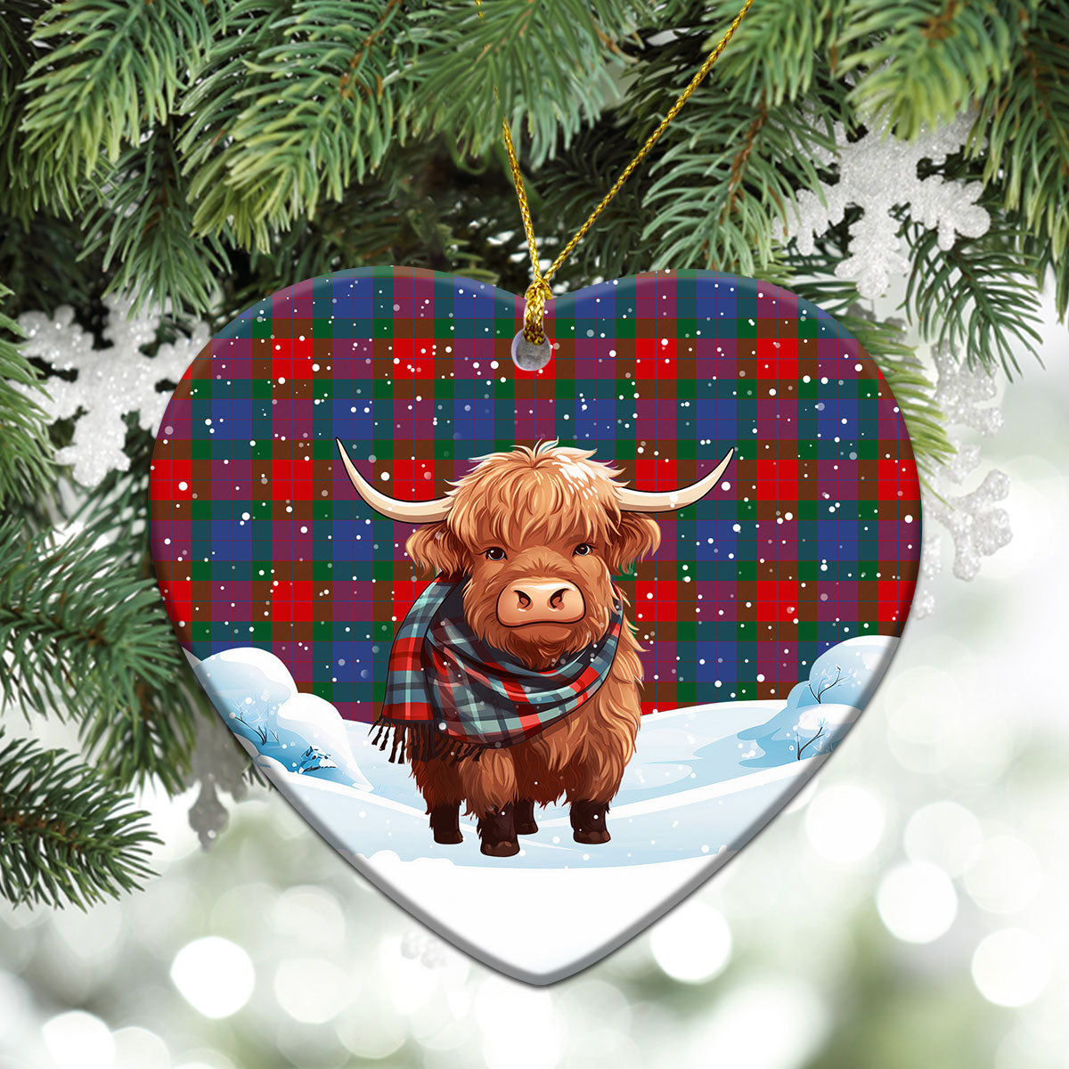 Mar Tartan Christmas Ceramic Ornament - Highland Cows Snow Style