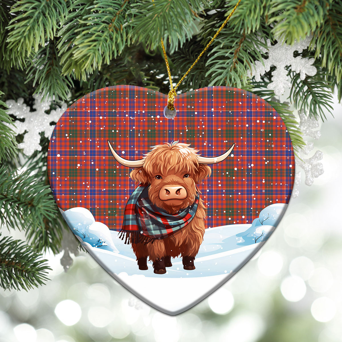 McRae Ancient Tartan Christmas Ceramic Ornament - Highland Cows Snow Style