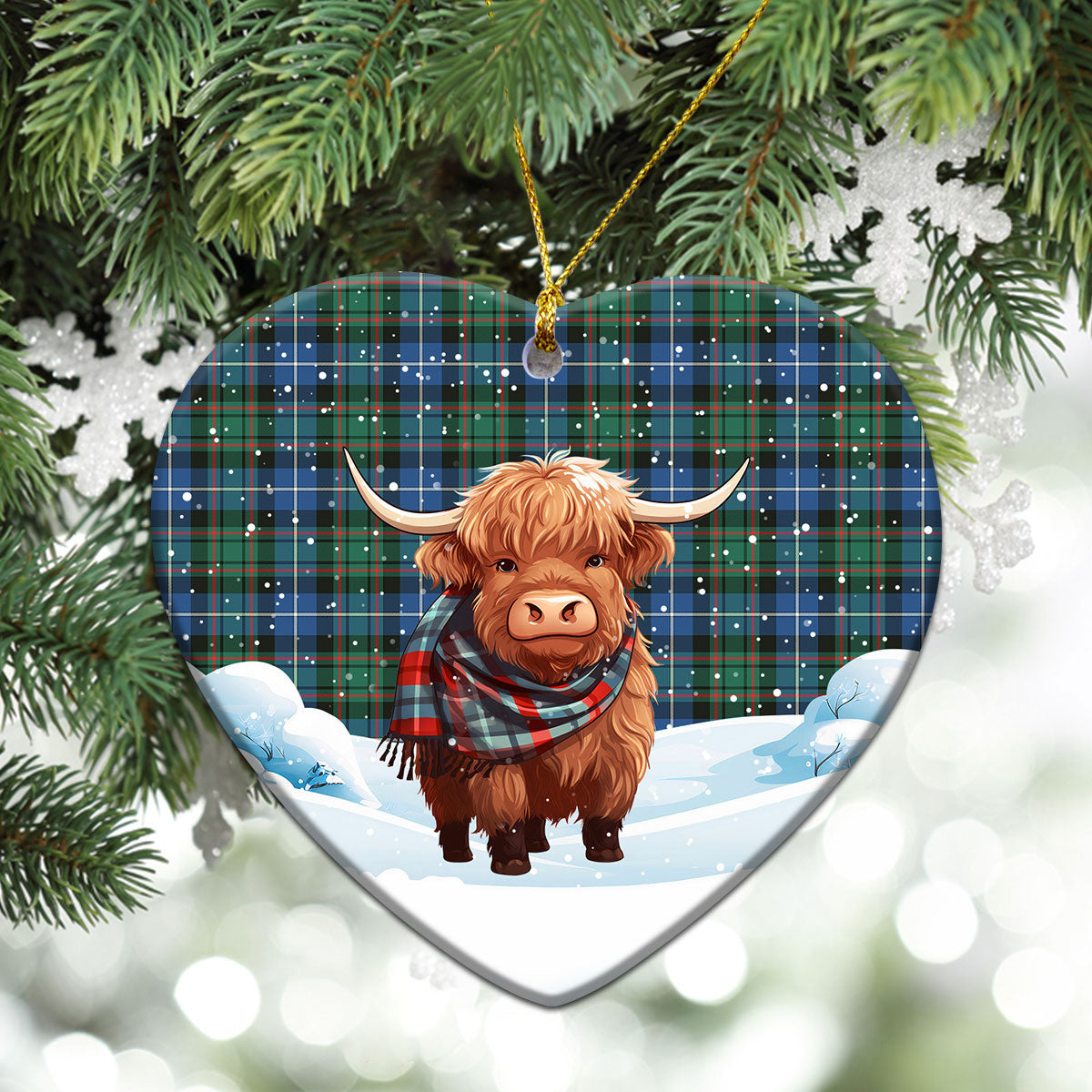 McRae Hunting Ancient Tartan Christmas Ceramic Ornament - Highland Cows Snow Style