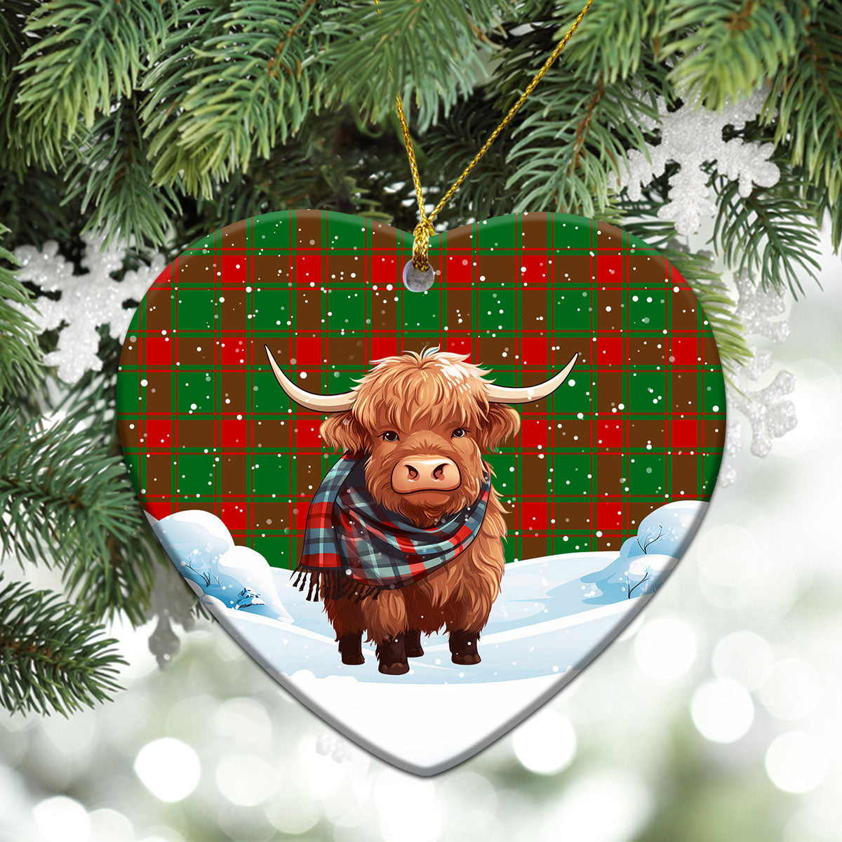 Middleton Modern Tartan Christmas Ceramic Ornament - Highland Cows Snow Style